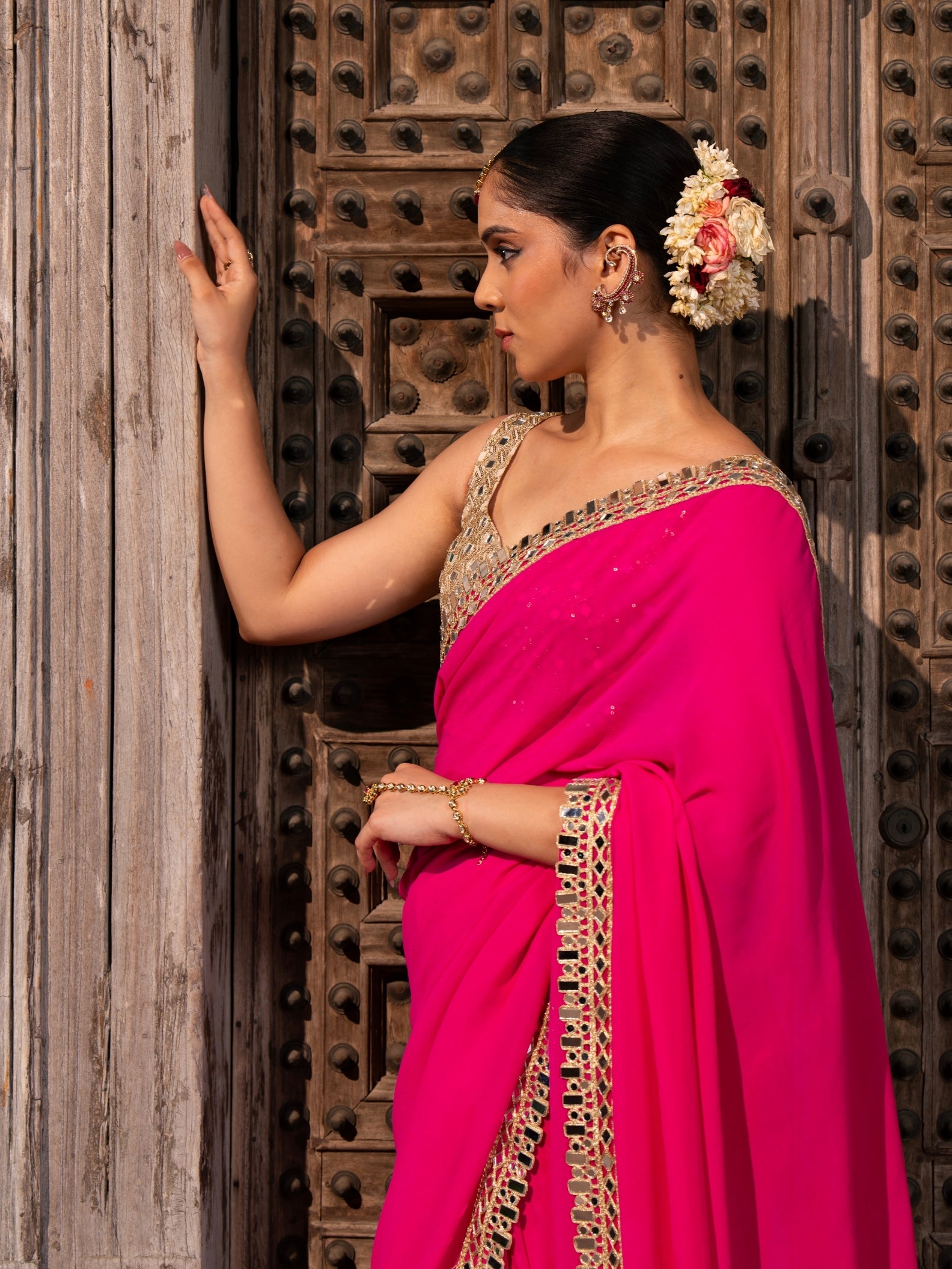 Fuchsia Pink Pure Georgette Handloom Mirror Work Saree