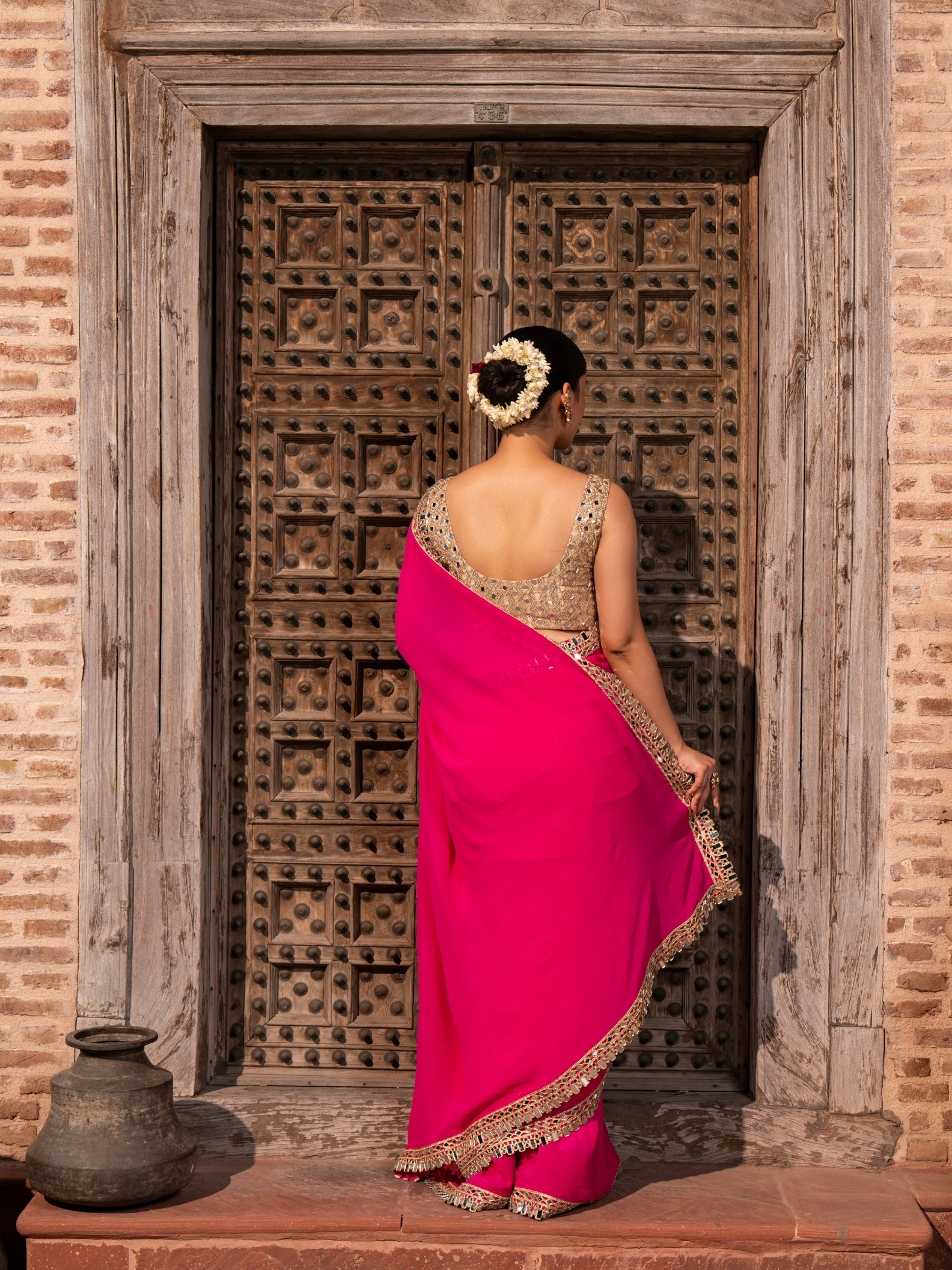 Fuchsia Pink Pure Georgette Handloom Mirror Work Saree