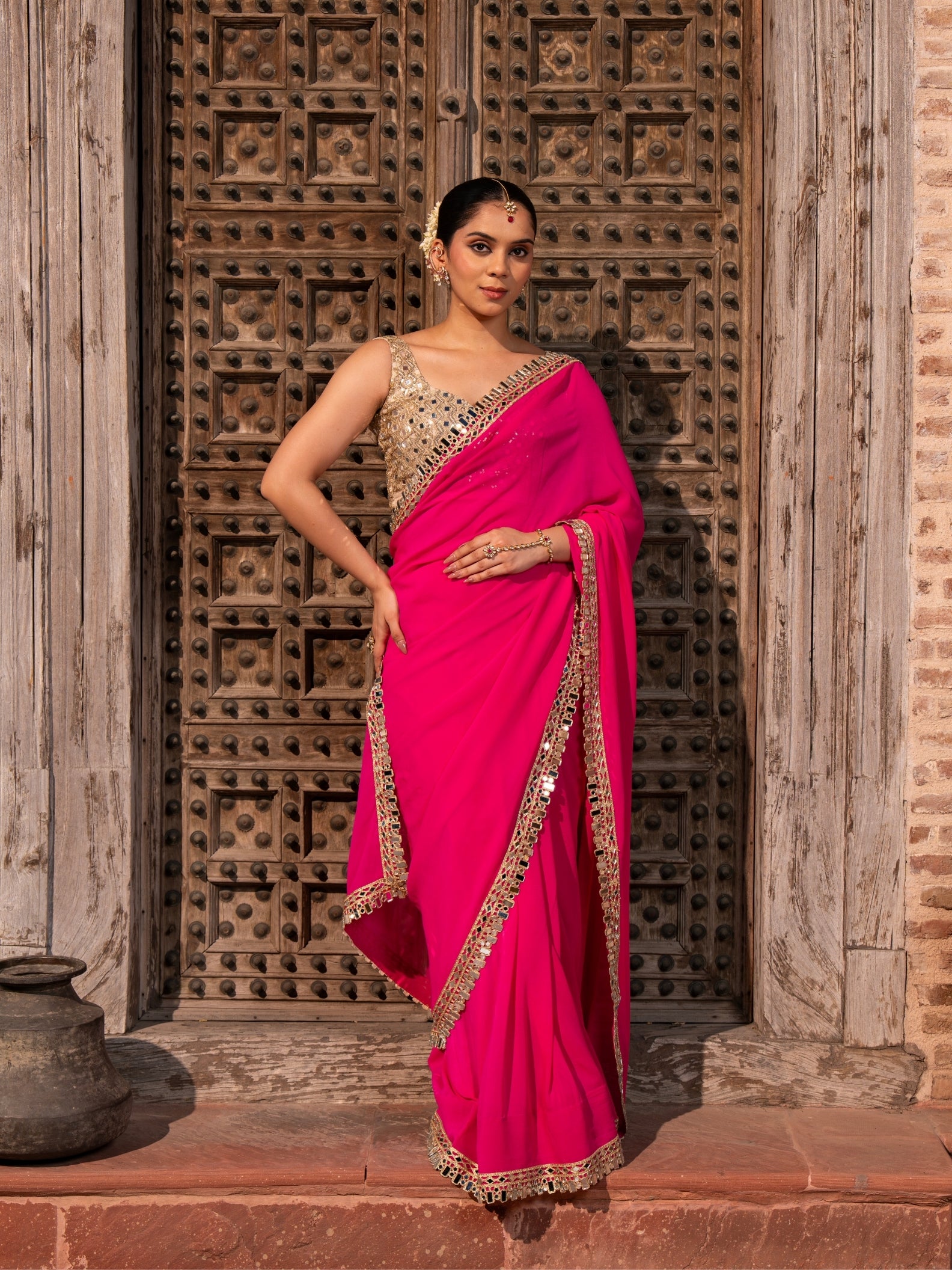 Fuchsia Pink Pure Georgette Handloom Mirror Work Saree