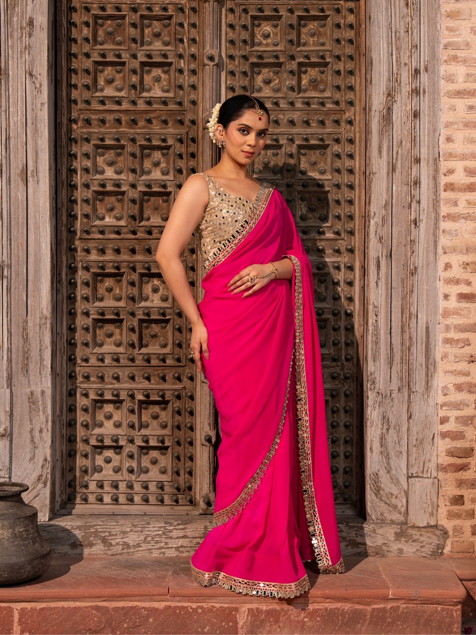 Fuchsia Pink Pure Georgette Handloom Mirror Work Saree