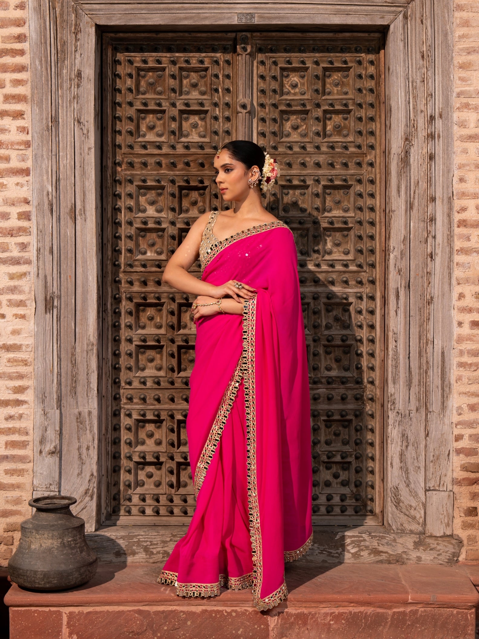 Fuchsia Pink Pure Georgette Handloom Mirror Work Saree