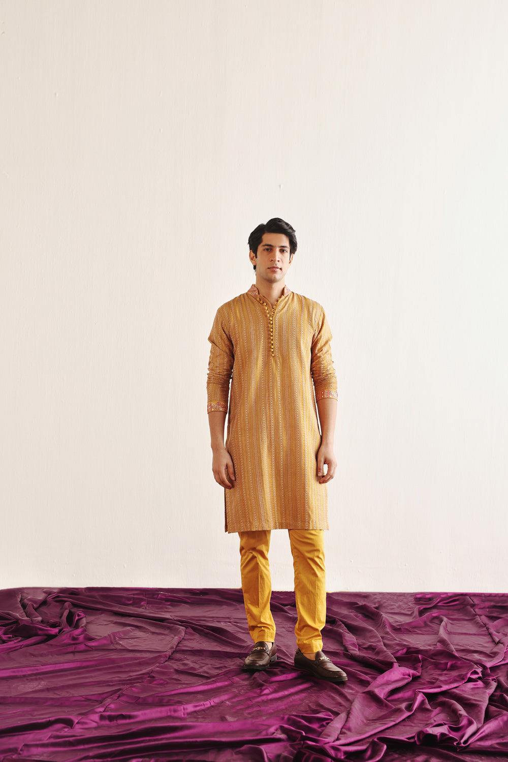 GOLDEN YELLOW KANTHA WORK KURTA WITH MIRRORWORK