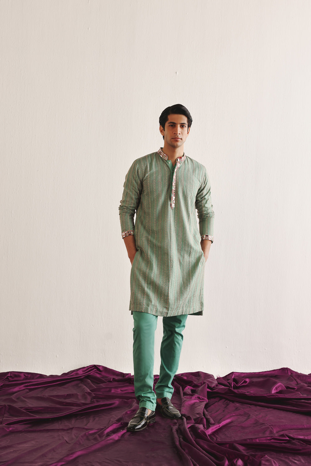 SEA GREEN KANTHA WORK KURTA WITH MIRRORWORK