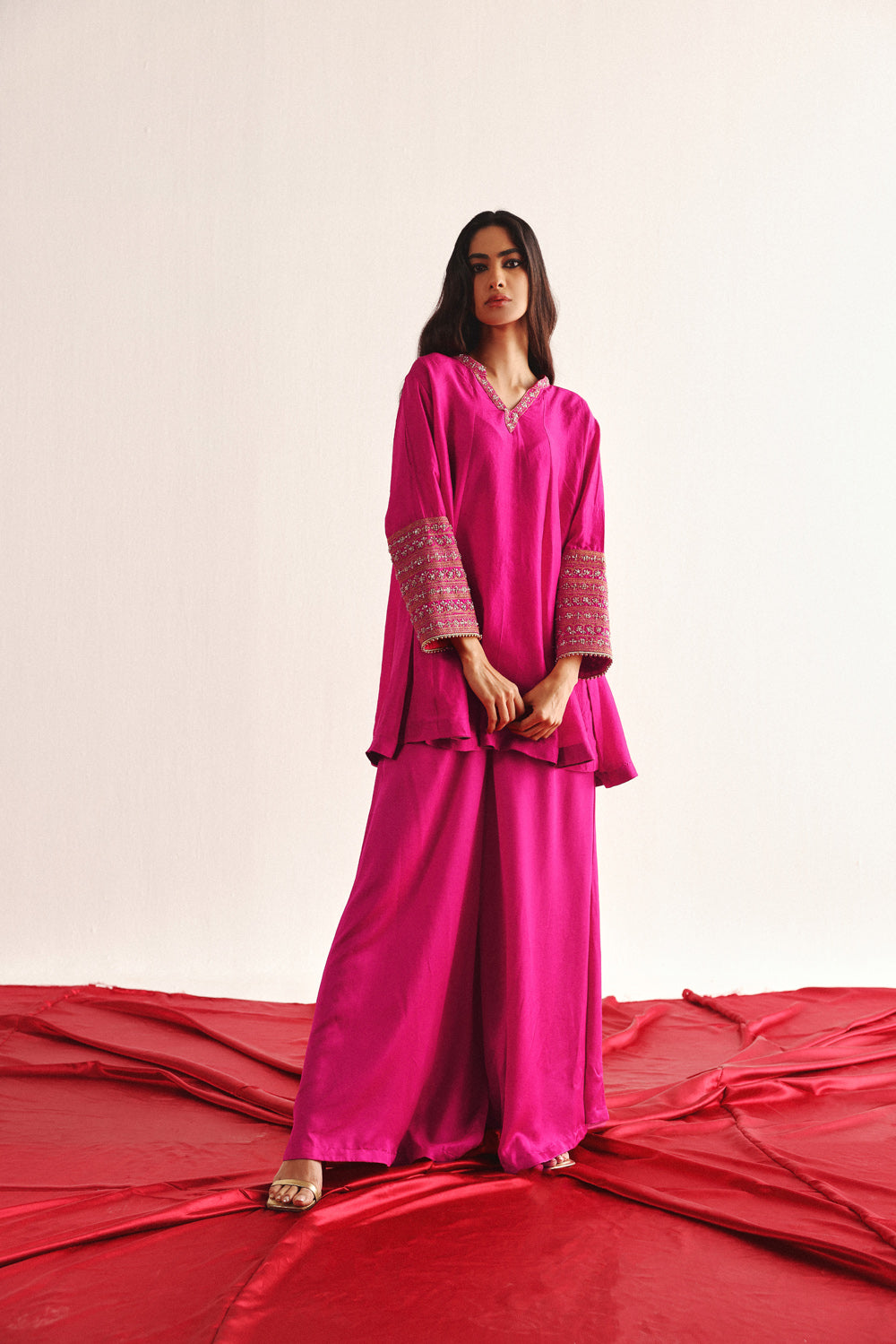 Marodiwork Silk Kurta and Flared Pants with Dupatta