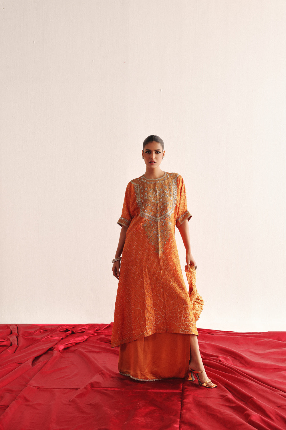 Marodiwork Crushed Bandhani Silk Kaftan Kurta with Pencil Skirt