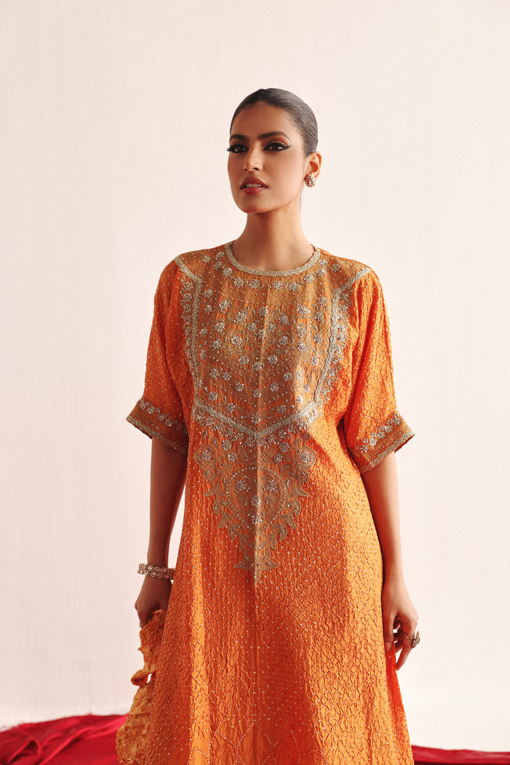 Marodiwork Crushed Bandhani Silk Kaftan Kurta with Pencil Skirt