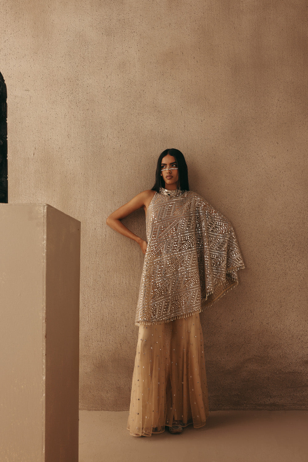 MIRRORWORK BAND COLLAR ONE SHOULDER DRESS TOP