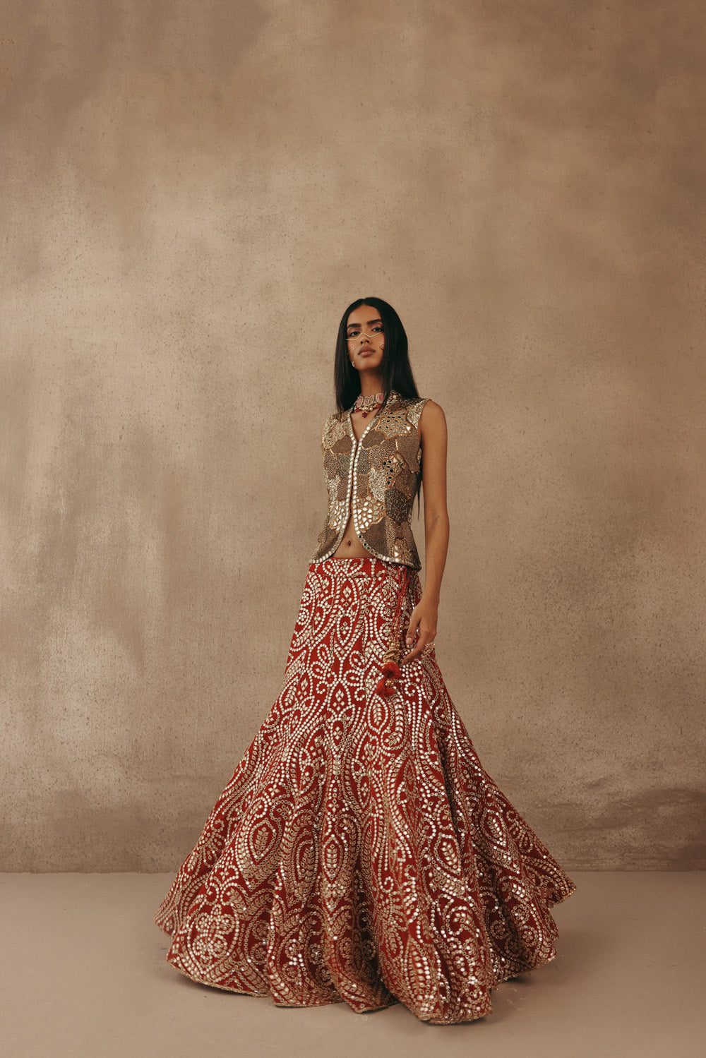 MIRRORWORK FISH CUT LEHENGA