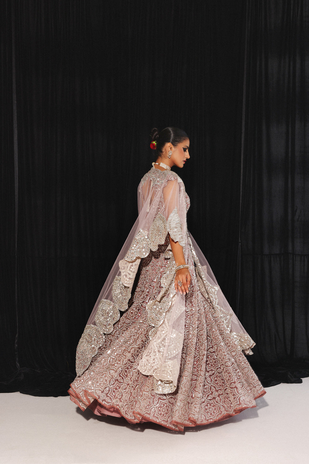 MIRRORWORK AND BEADWORK CONICAL LEHENGA SET WITH CAPE