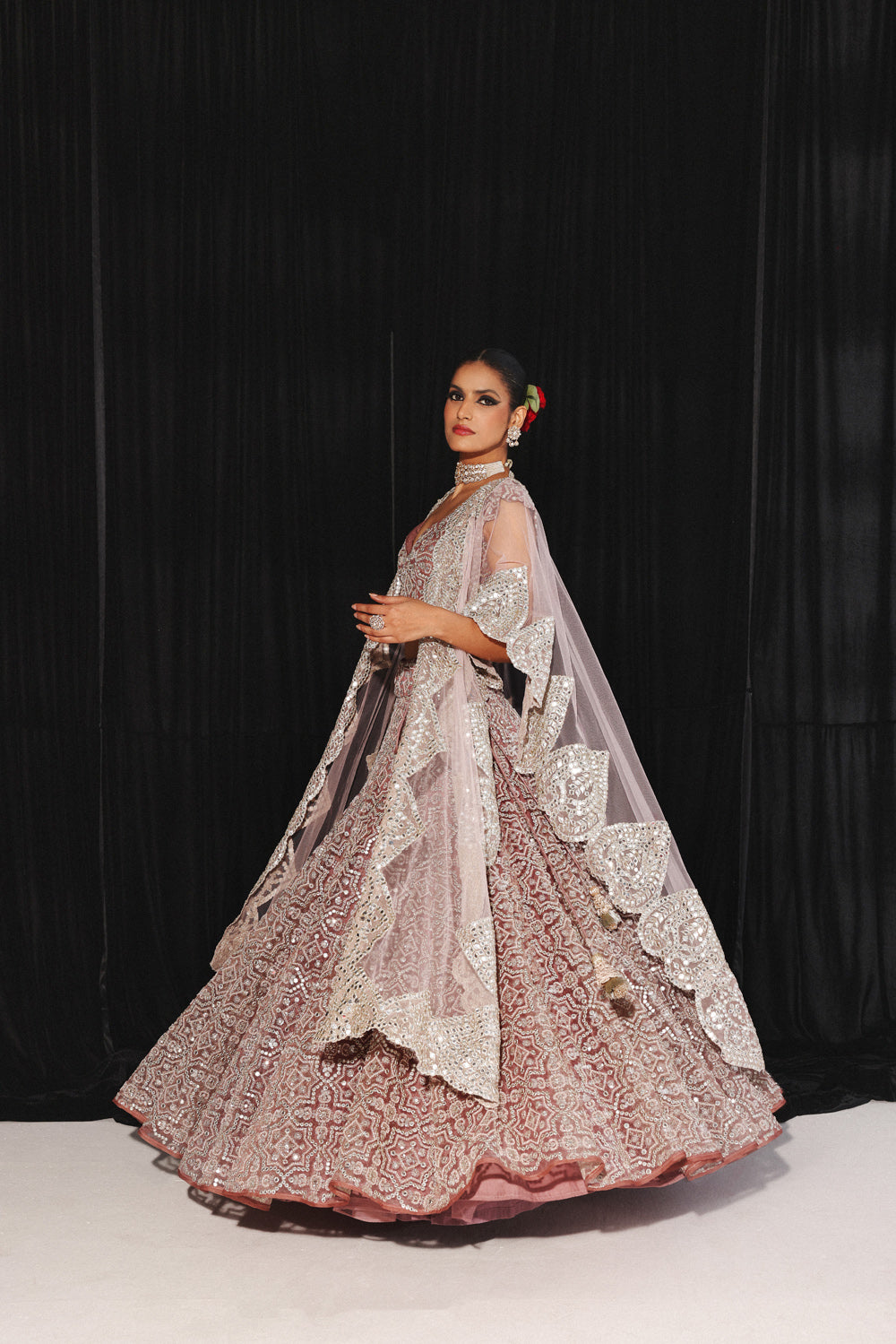 MIRRORWORK AND BEADWORK CONICAL LEHENGA SET WITH CAPE