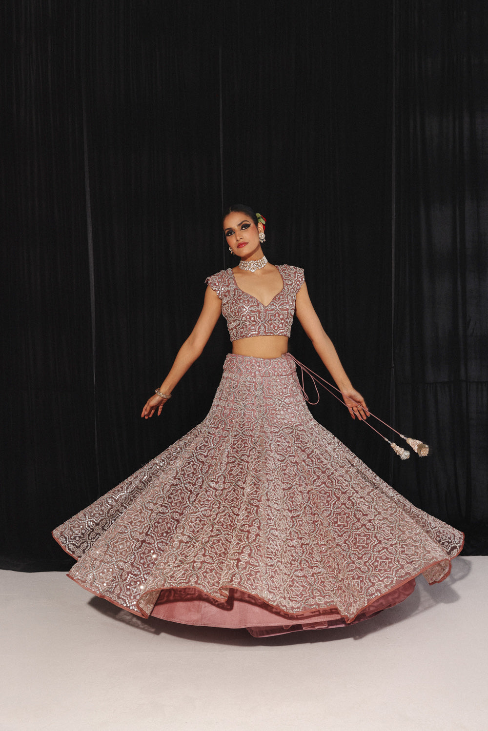 MIRRORWORK AND BEADWORK CONICAL LEHENGA SET WITH CAPE