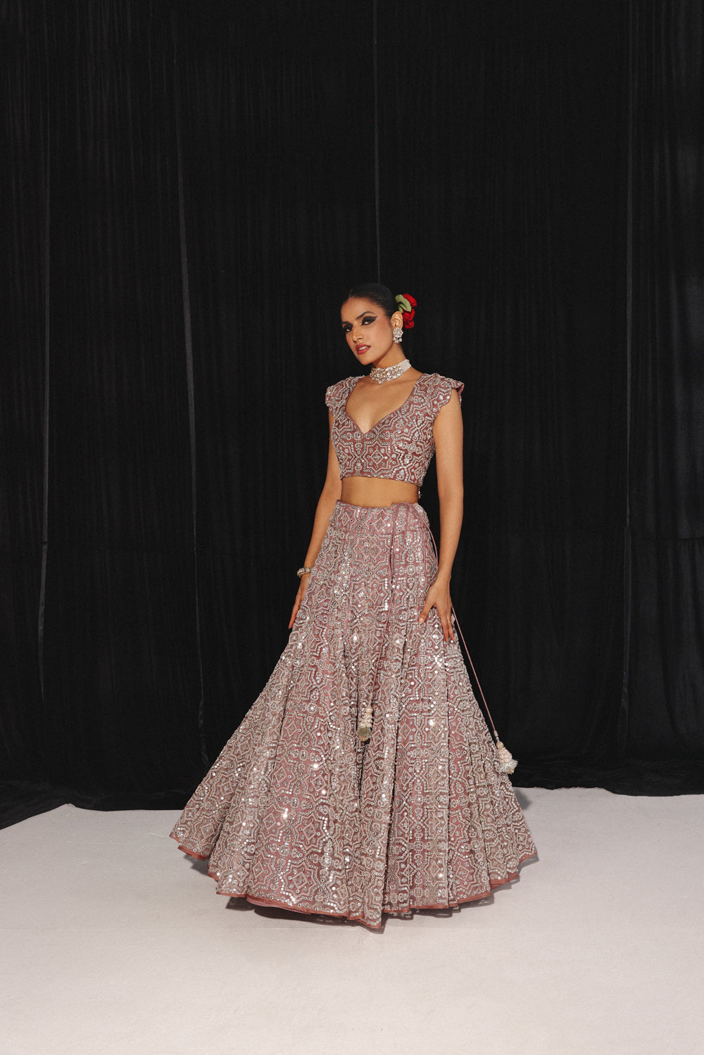 MIRRORWORK AND BEADWORK CONICAL LEHENGA SET WITH CAPE