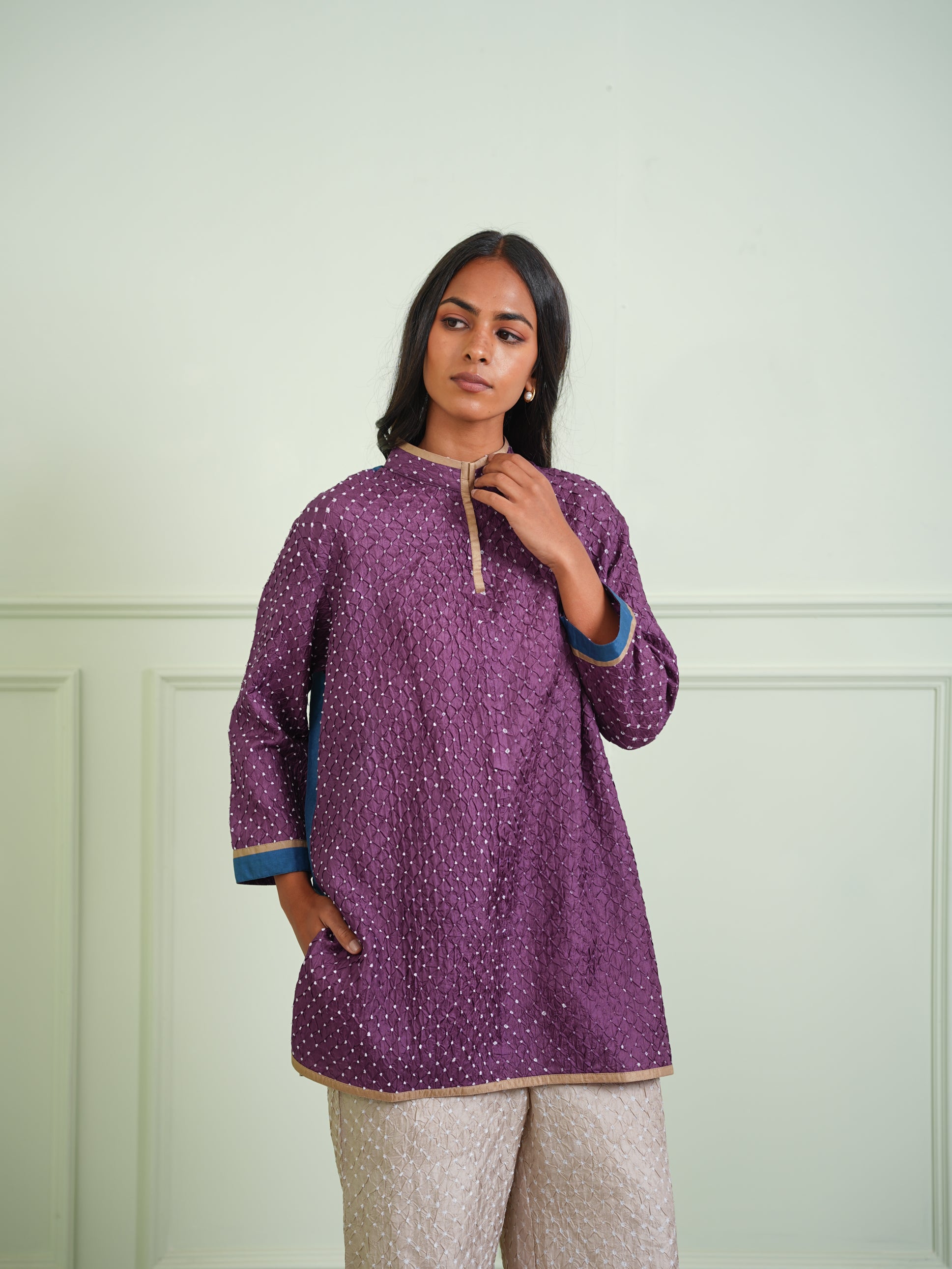 CRUSHED BANDHANI COLOR BLOCK KURTA SHIRT