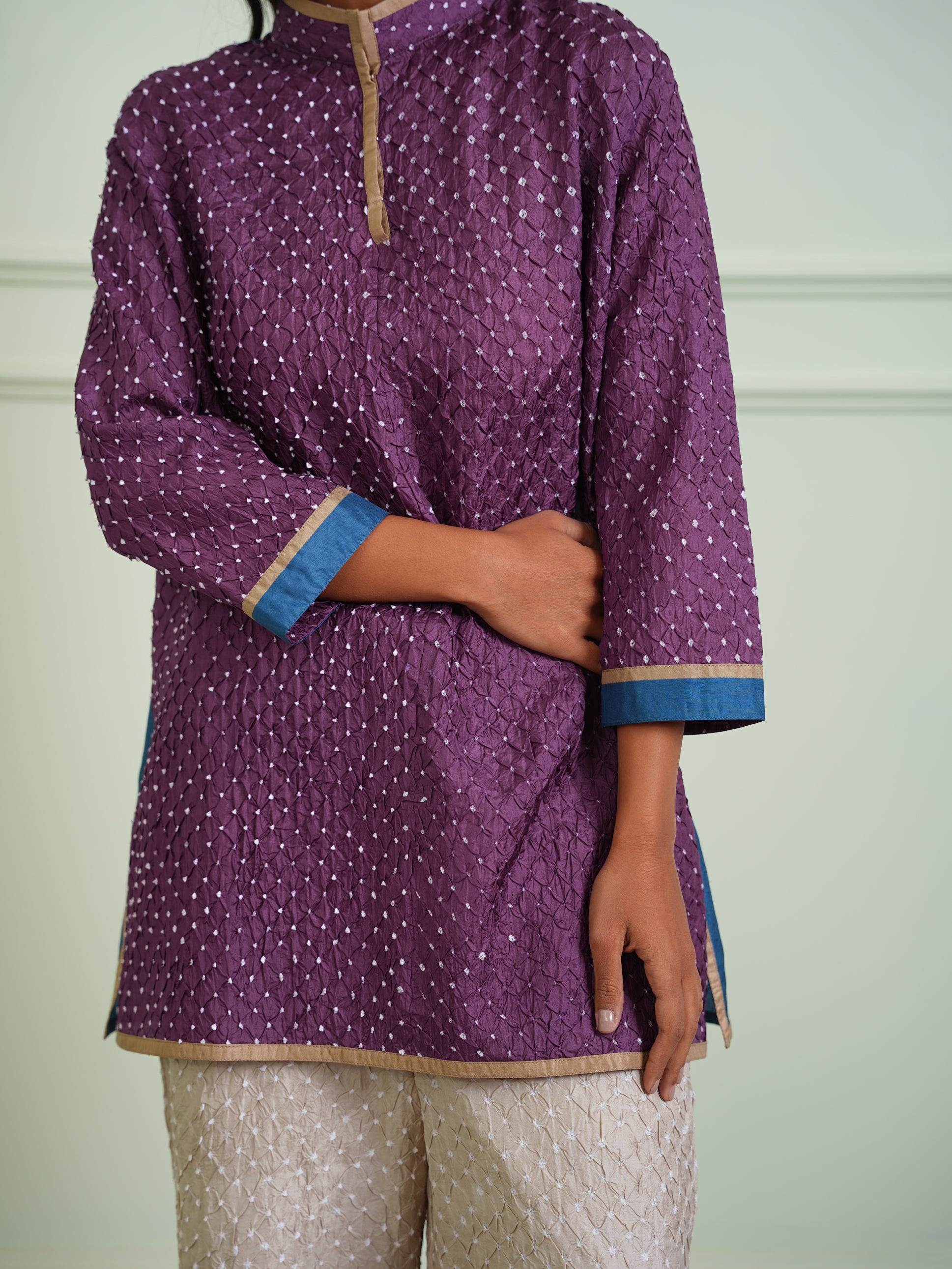 CRUSHED BANDHANI COLOR BLOCK KURTA SHIRT