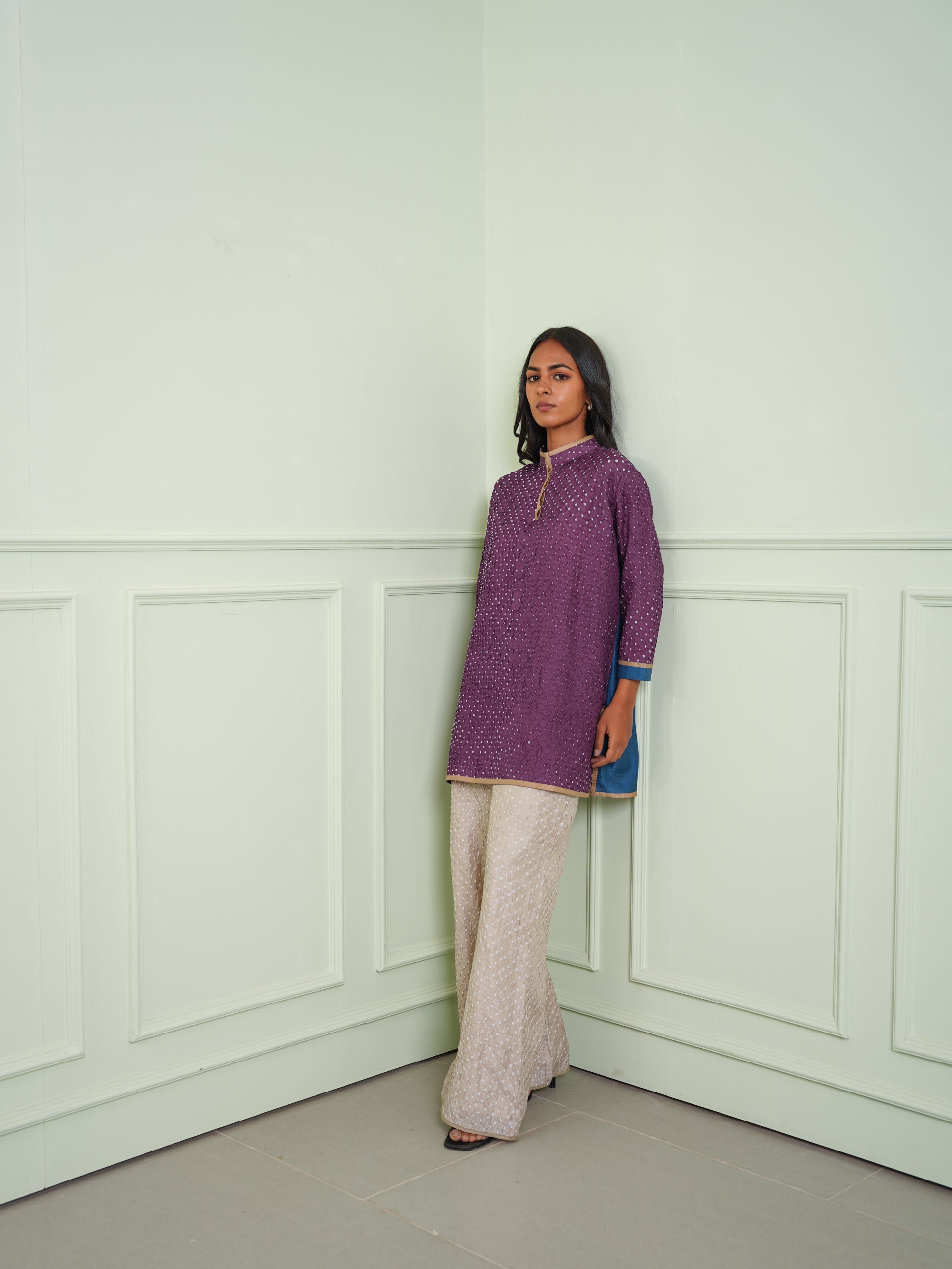 CRUSHED BANDHANI COLOR BLOCK KURTA SHIRT