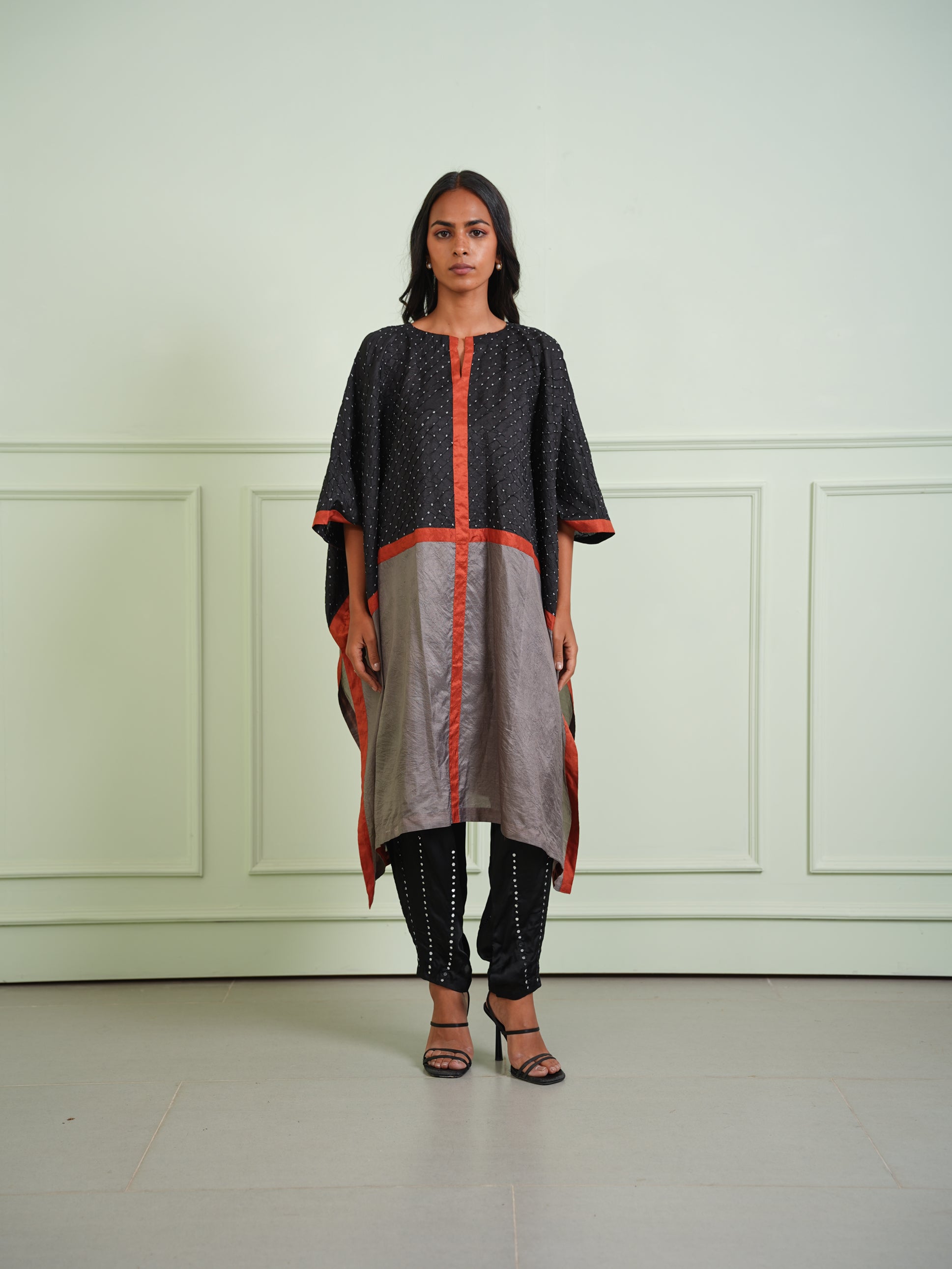 CRUSHED BANDHANI COLOR BLOCK KAFTAN TUNIC