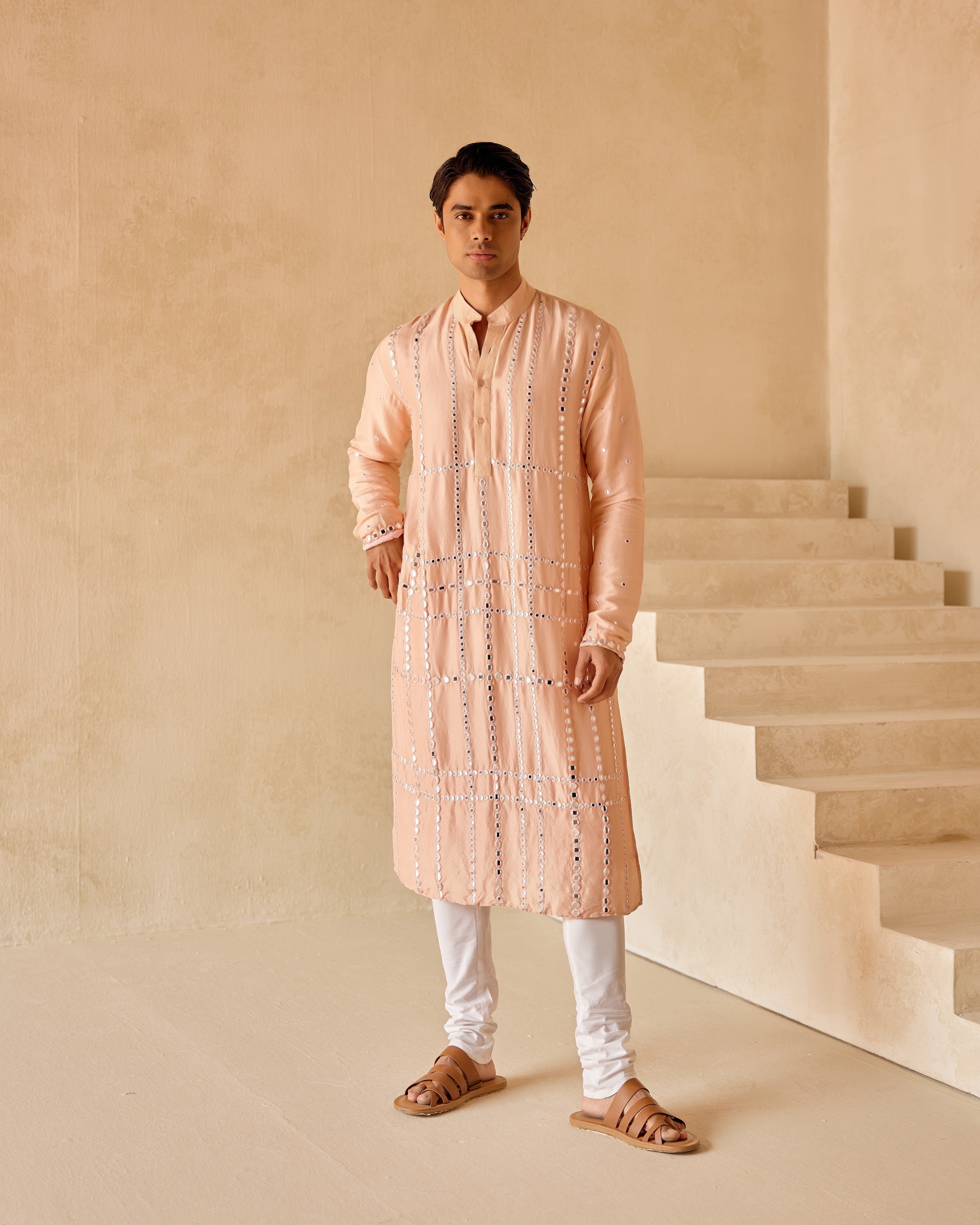 PEACH SILK KURTA WITH MIRRORWORK CHECK JAAL