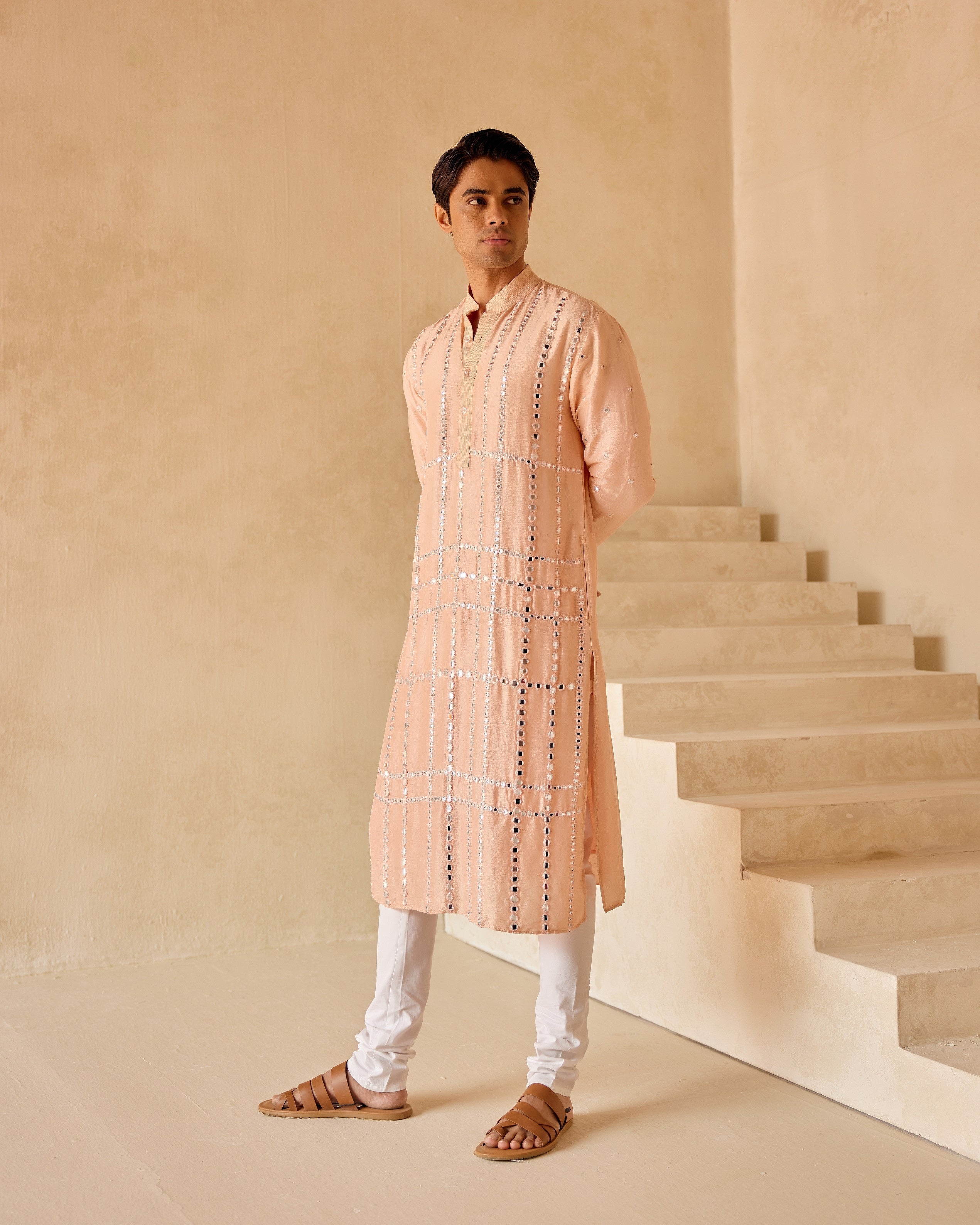 PEACH SILK KURTA WITH MIRRORWORK CHECK JAAL