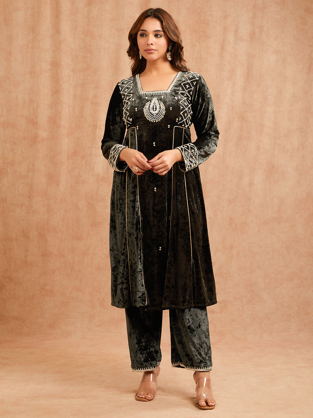 GREEN VELVET ANARKALI KURTA SET