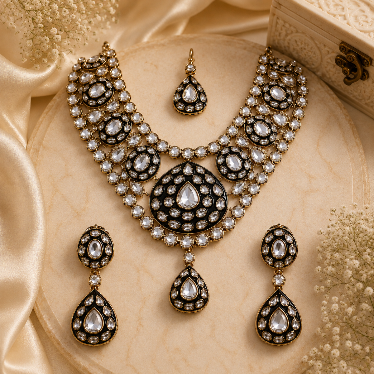 Gold Plated Kundan Polki Necklace Set with Maang Tikka and Earrings