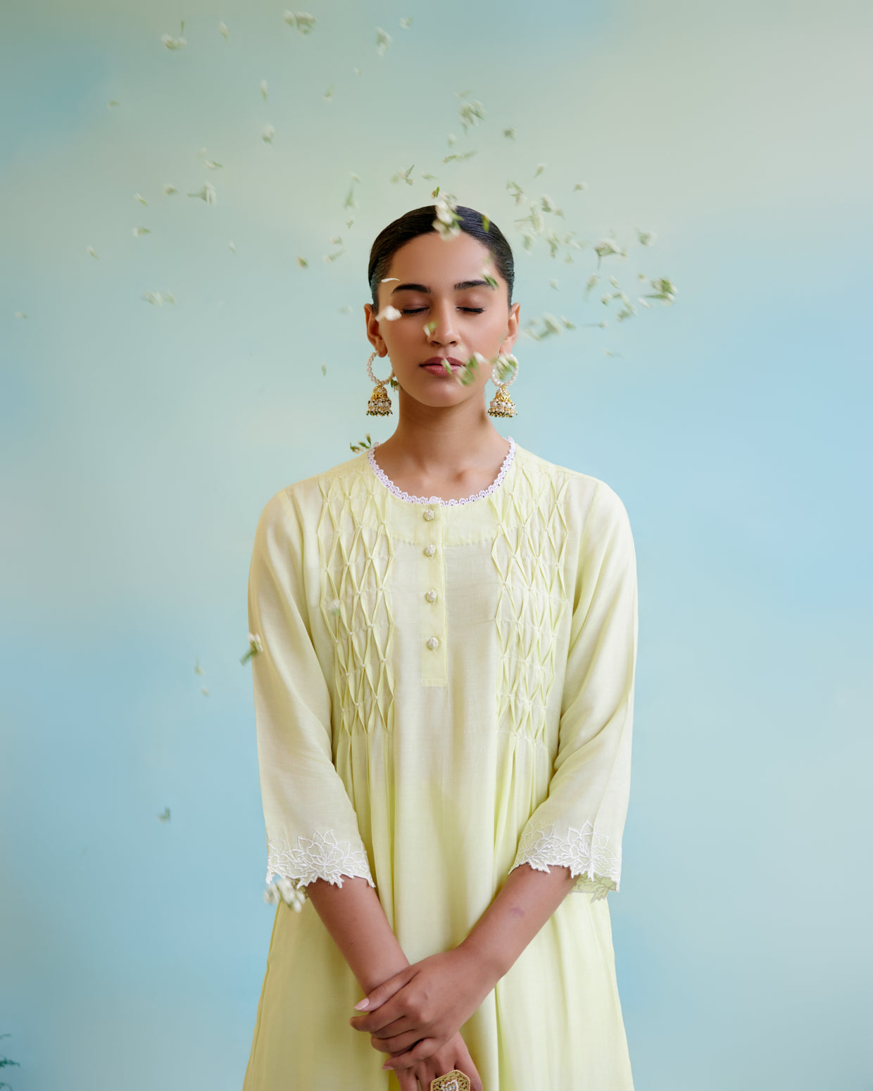 Sunny Lime Pearl Kurta in Silky Modal with Wide Leg Pants