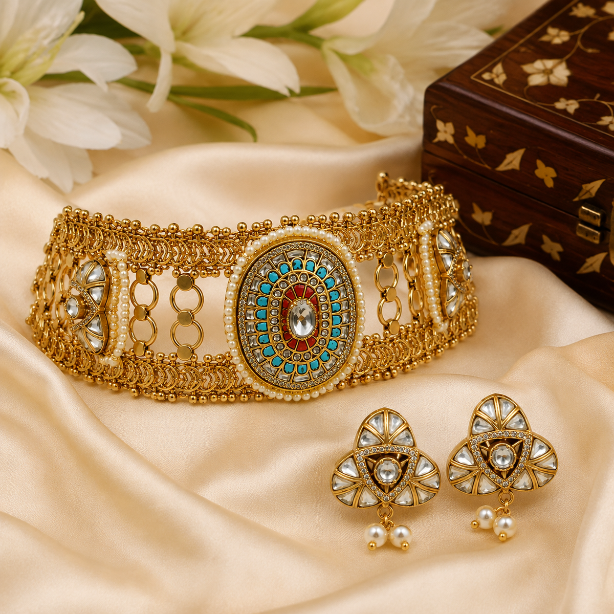 Multicoloured Handcrafted Jadau Kundan Choker Set with Pearl Accents