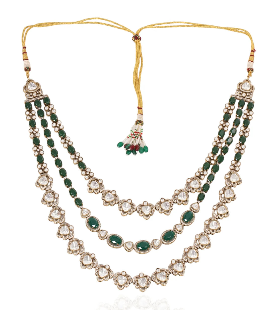 Three-Layered Green Beaded Kundan Mala