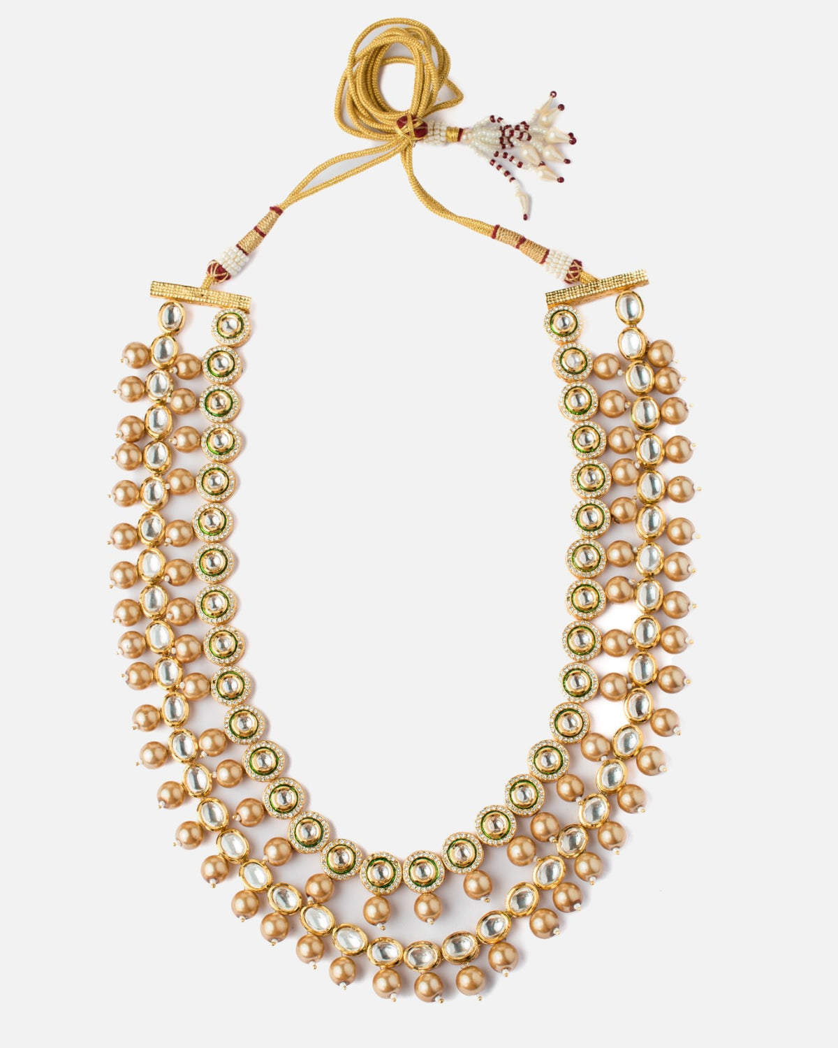 Gold Finish Kundan Polki & Green Beaded Layered mala