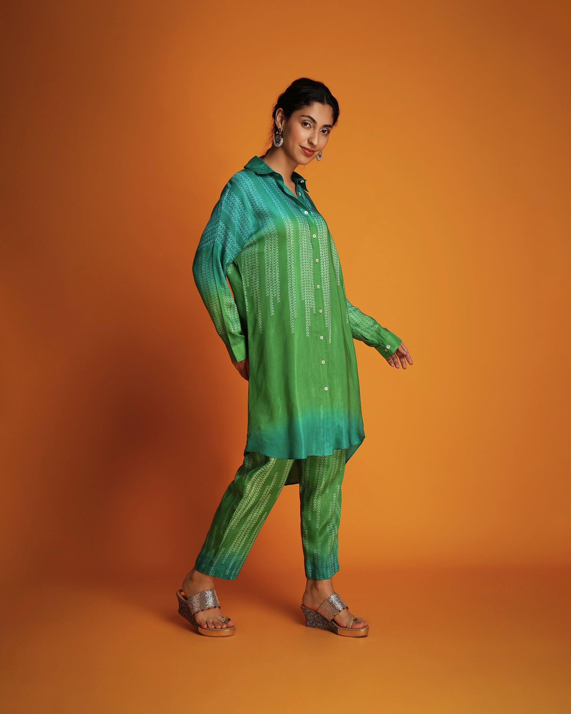 Green ombre block printed shirt tunic set