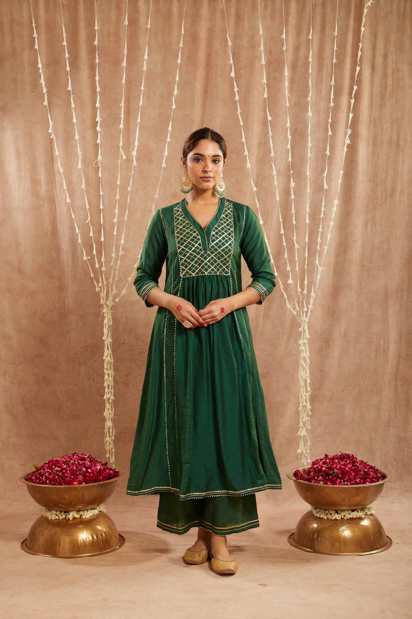 Emerald Green Gota Chanderi Kurta with
Wide Leg Pants