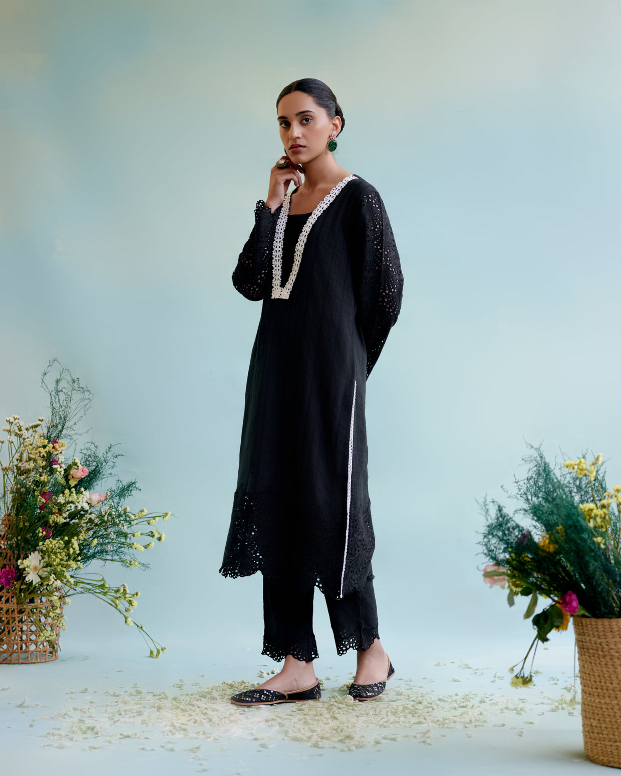 Black Blossom Kurta in Cotton Dobby with Lace Detaling and Scallop Sleeves