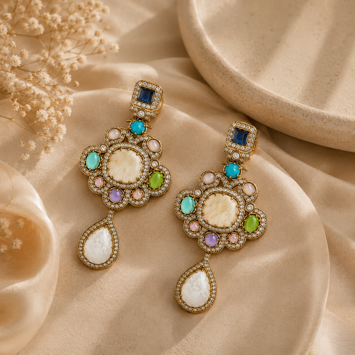Multicolour Semi-Precious Statement Drop Earrings