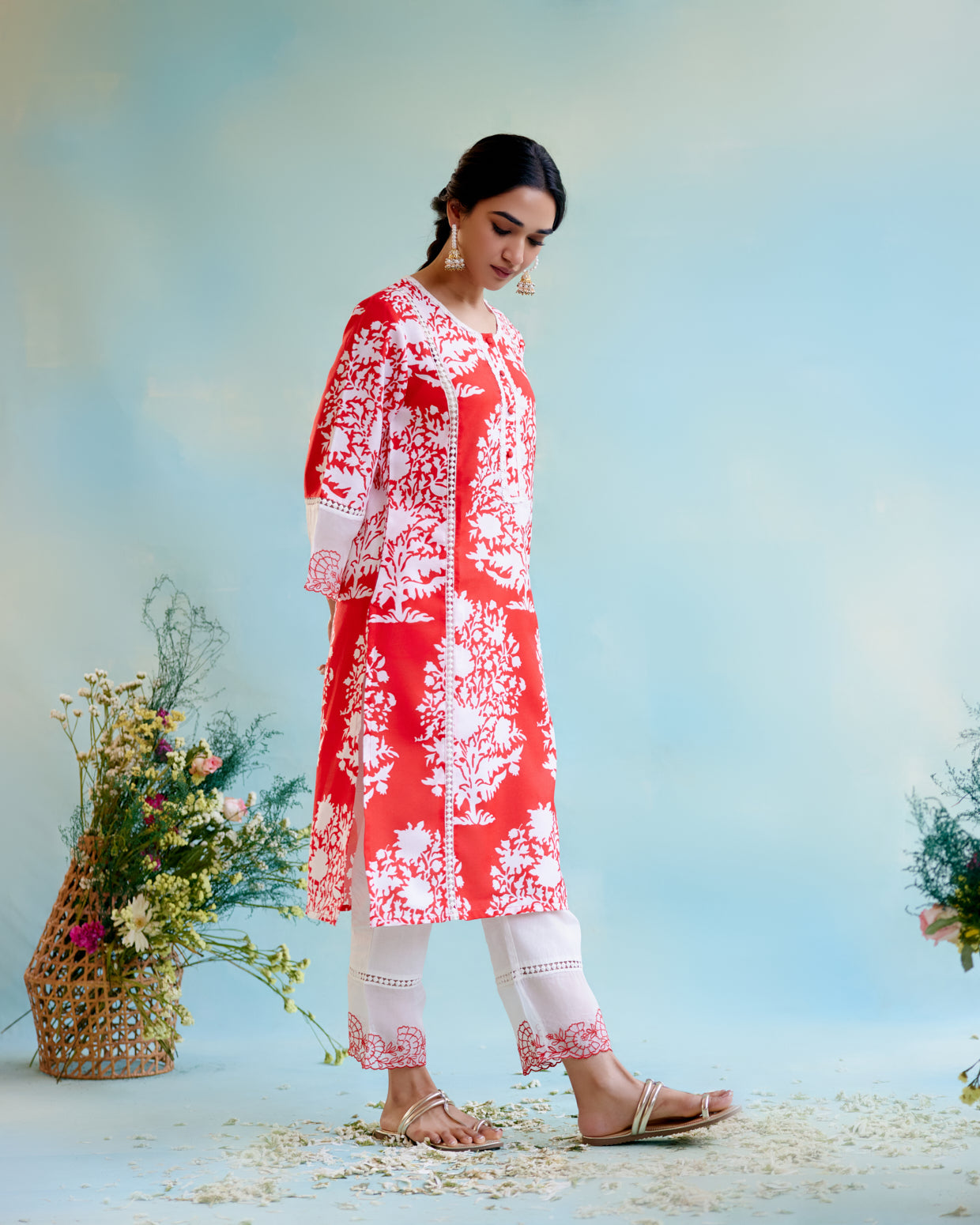 Hibiscus Floral Cotton Linen Kurta with Lace Detailing and Embroidered Sleeves