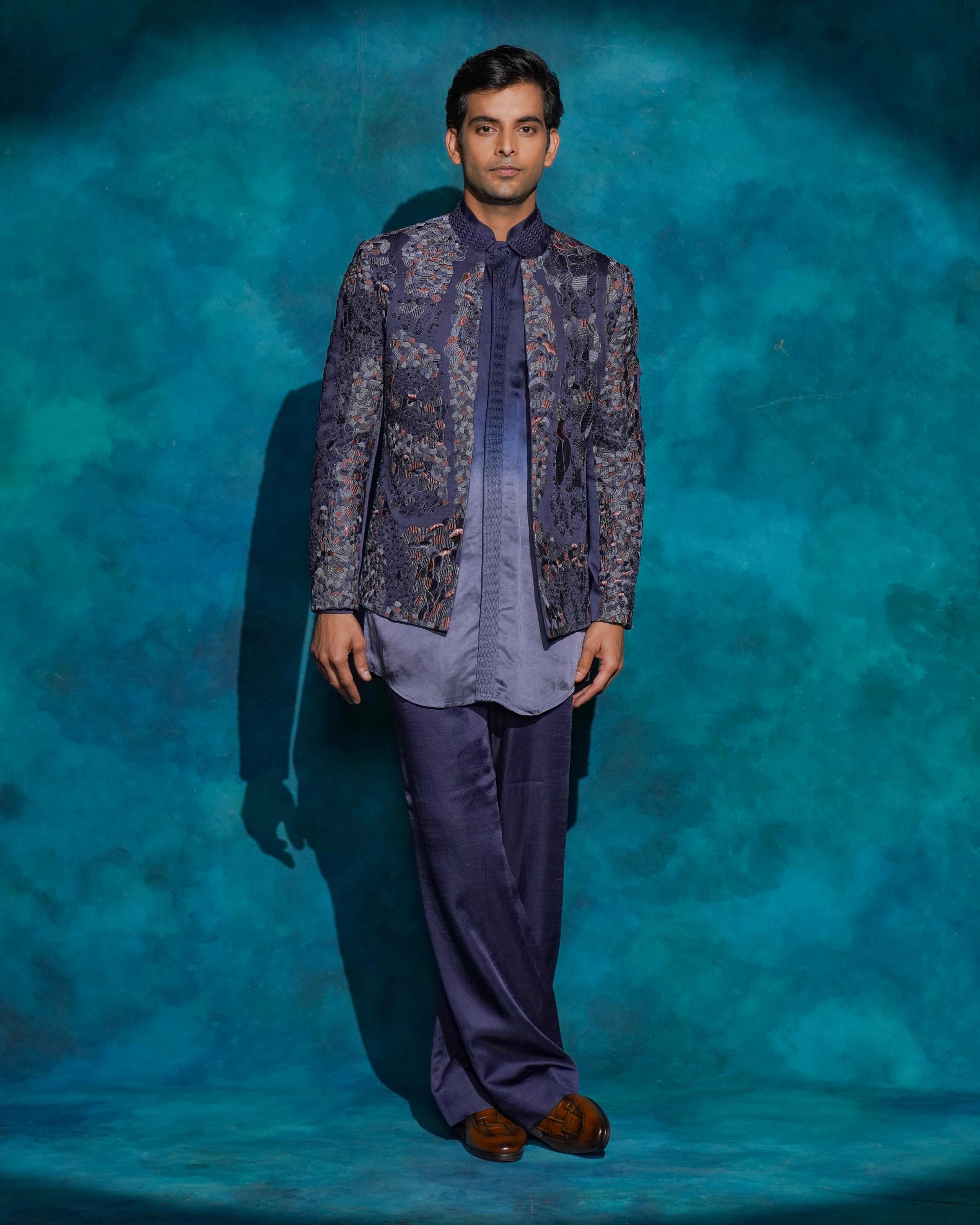 Oceanic Purple hand embroidered short jacket set