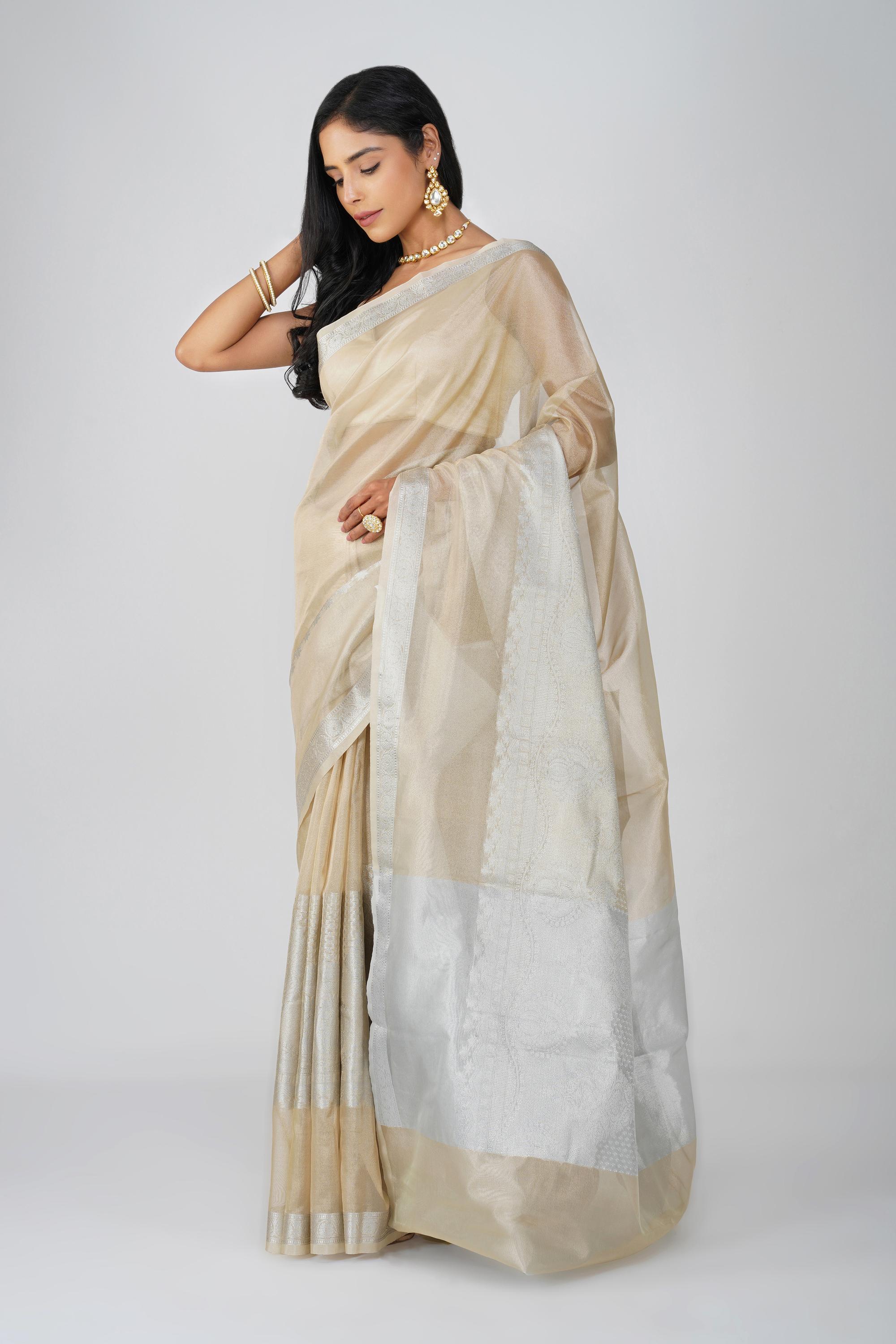 Beige Tissue zari Silk banarasi Handloom Saree