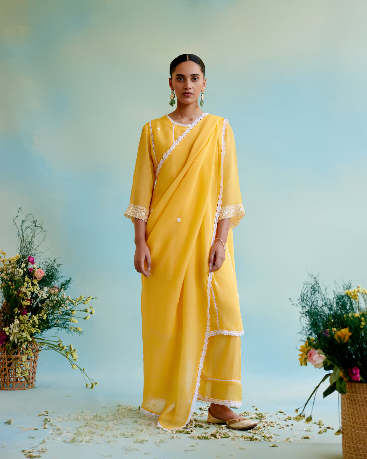 Misty Yellow Organza Anarkali Kurta with Lace Detailing and Floral Embroidery