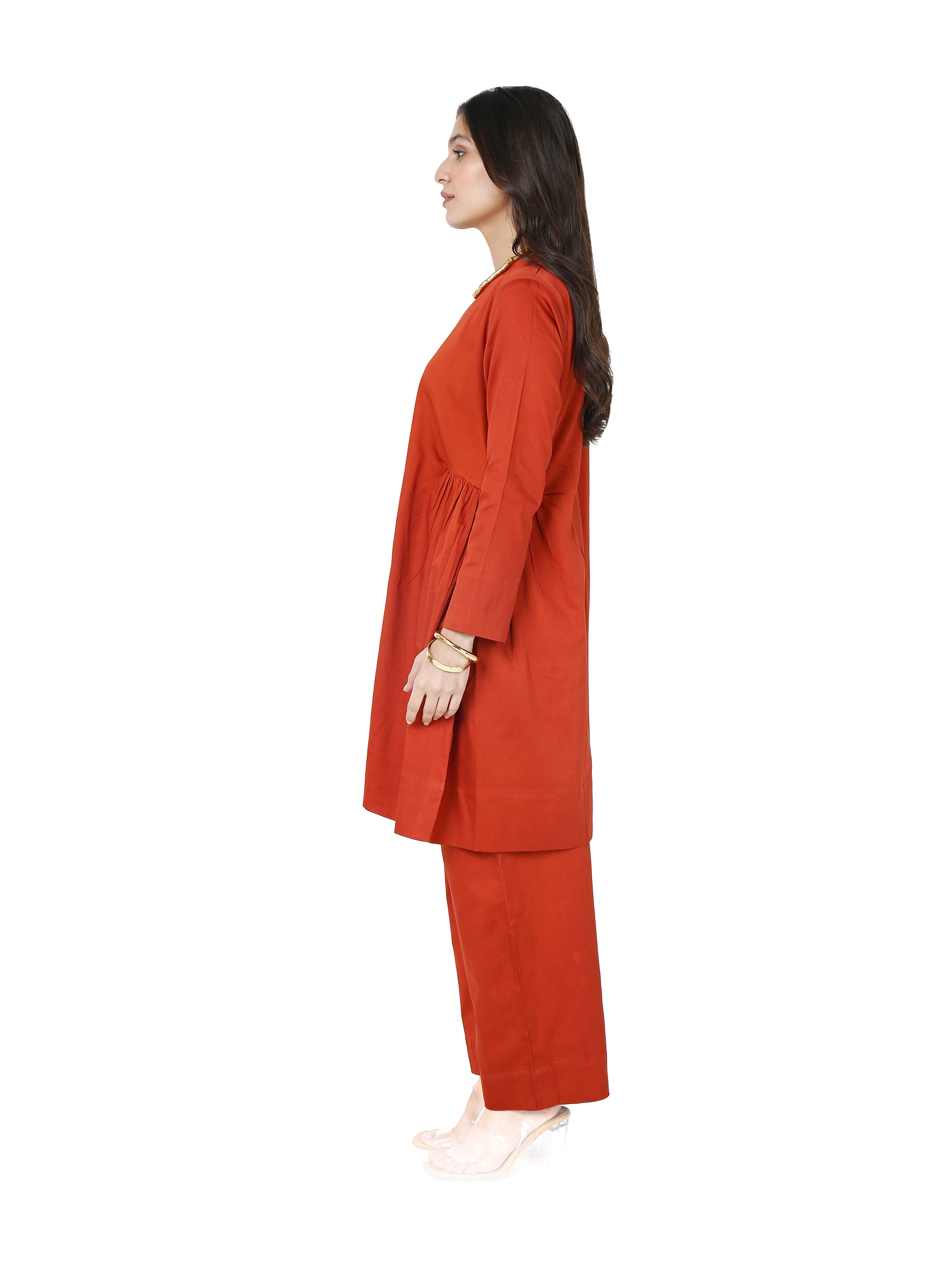 Terracotta Workwear Kurta Set in Cotton Satin