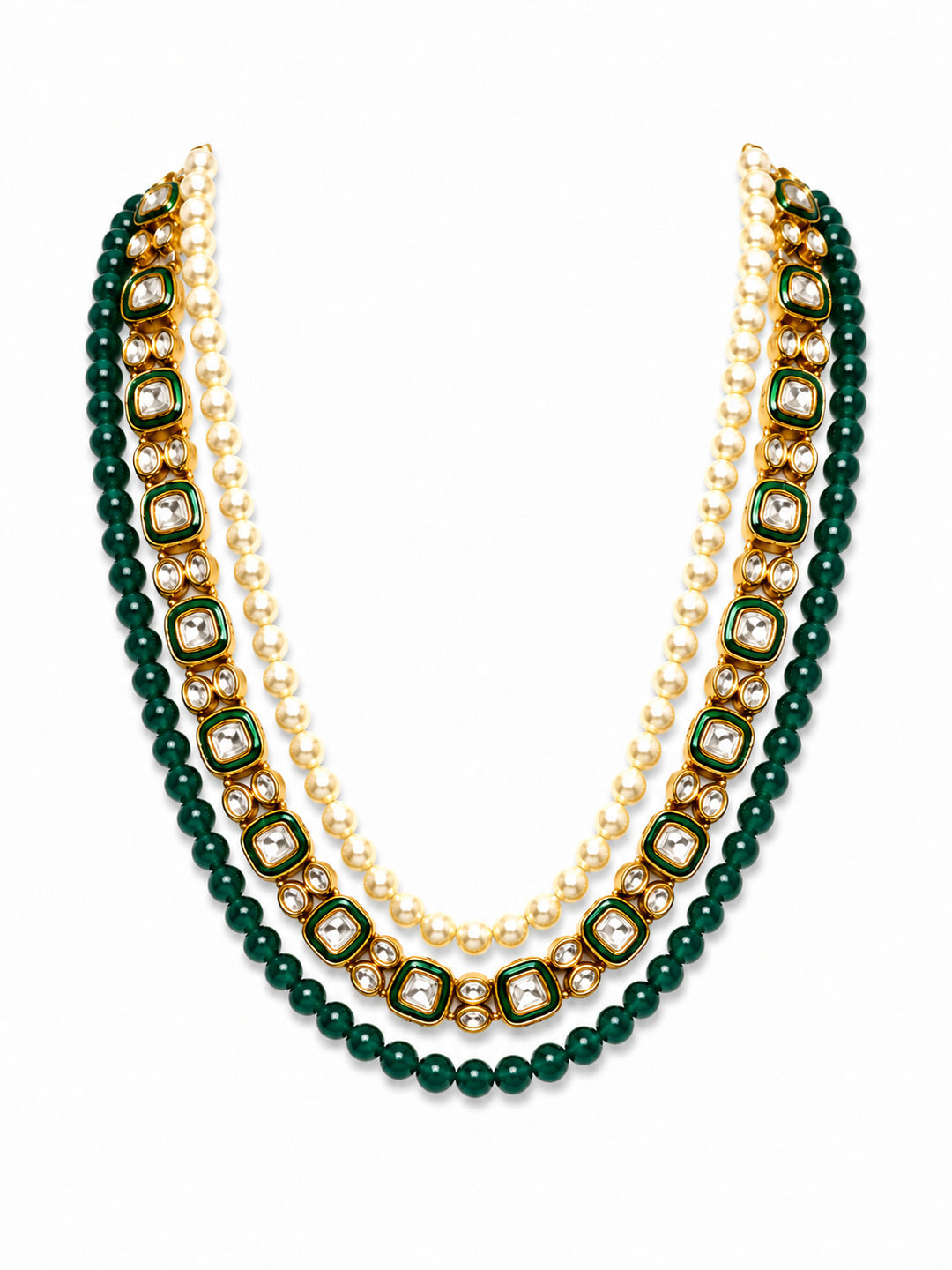 Three-layer Green Beaded Pearl Kundan Groom Mala