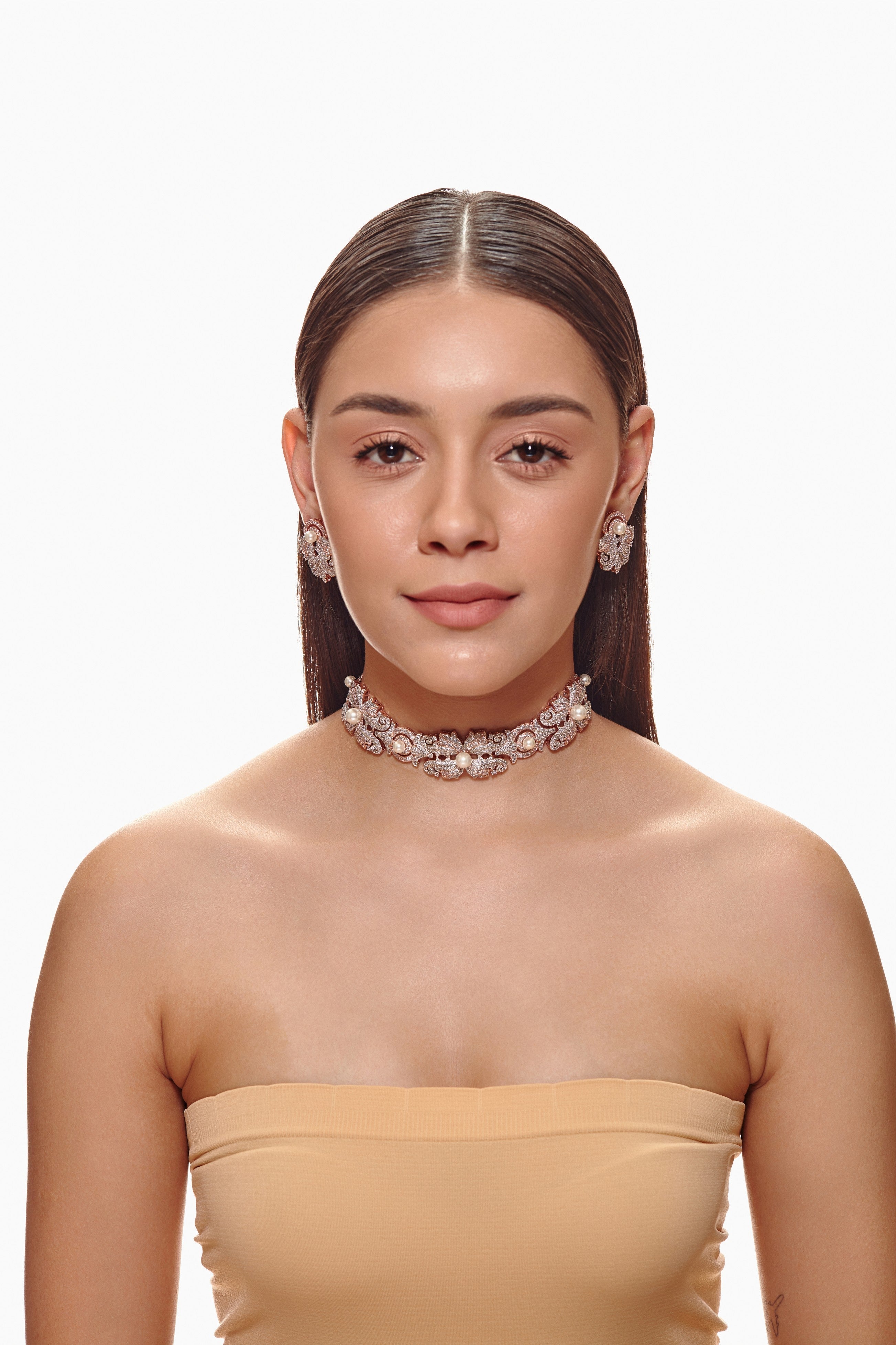 Rosegold and white Floral Diamond Choker Set