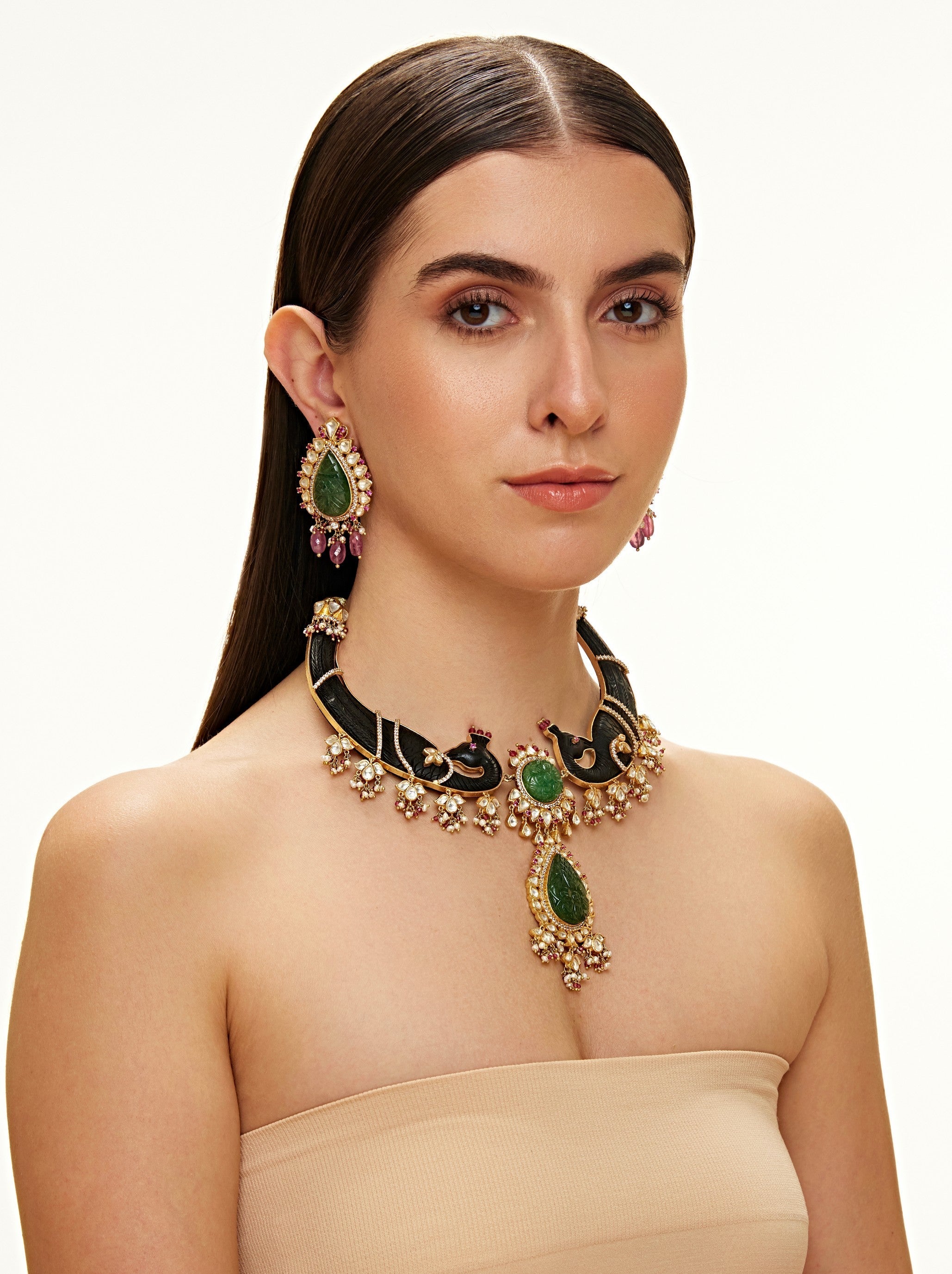 Mayur mukh panna necklace set