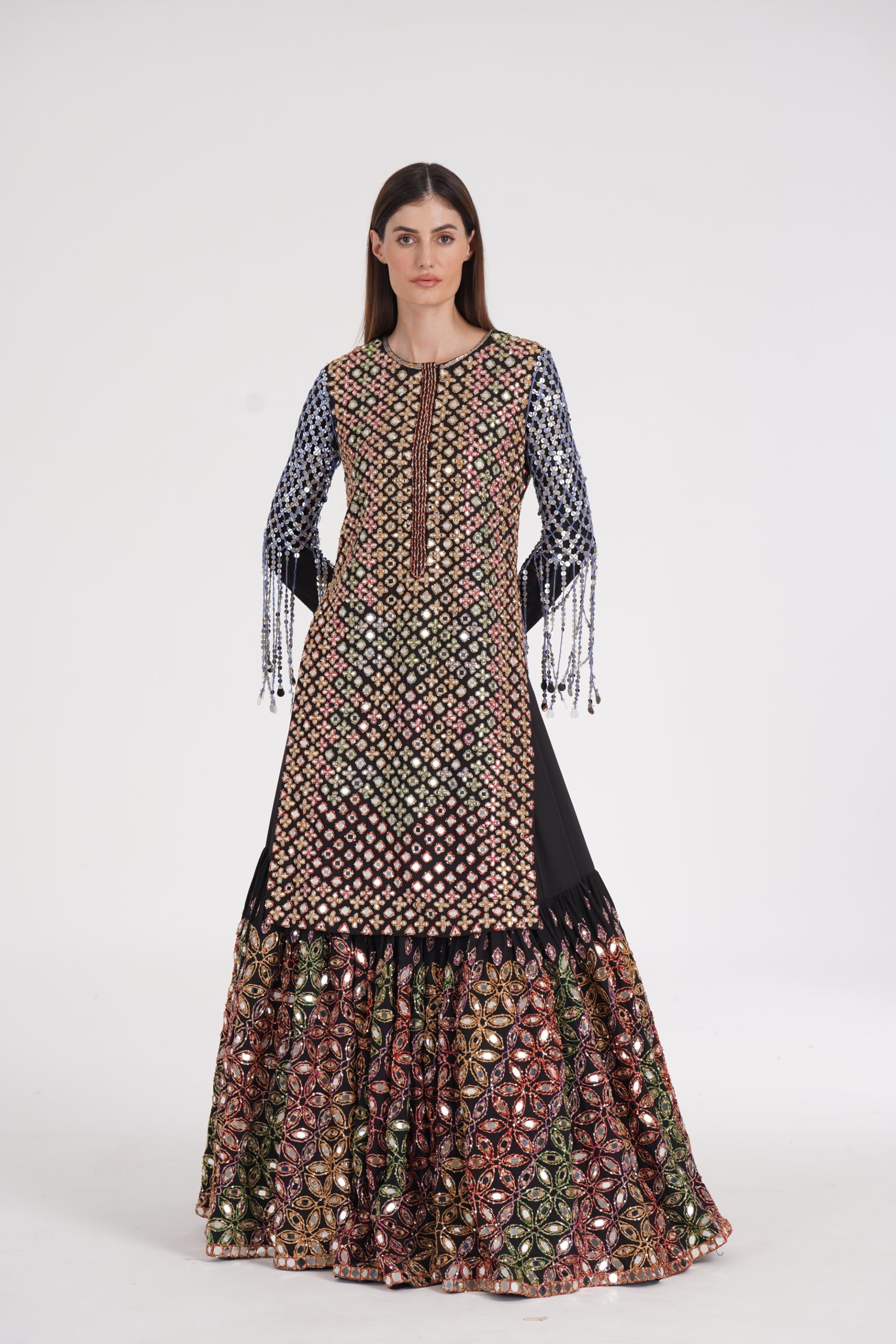 Matte black kurta skirt set embroidered using warm Pastels