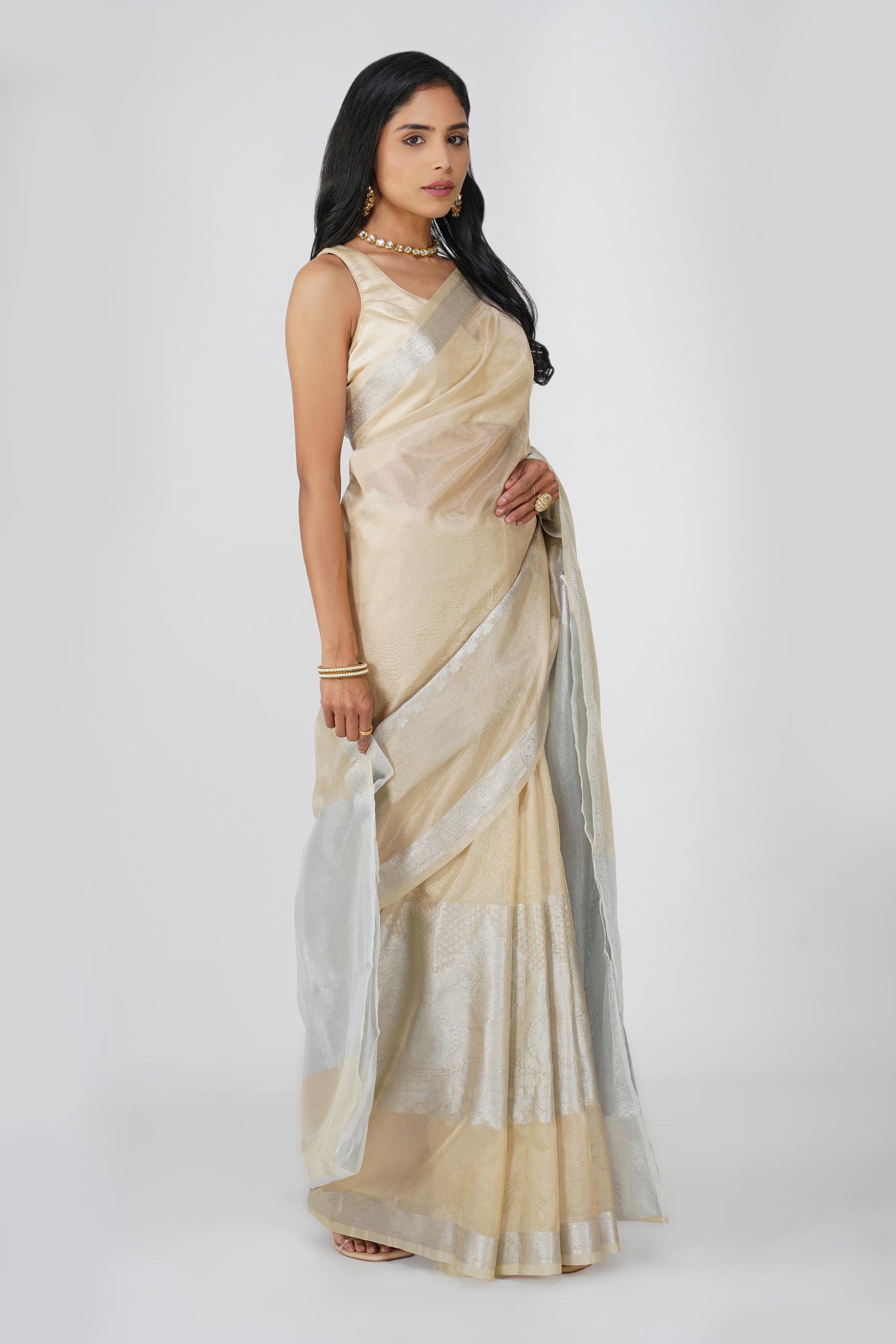 Beige Tissue zari Silk banarasi Handloom Saree