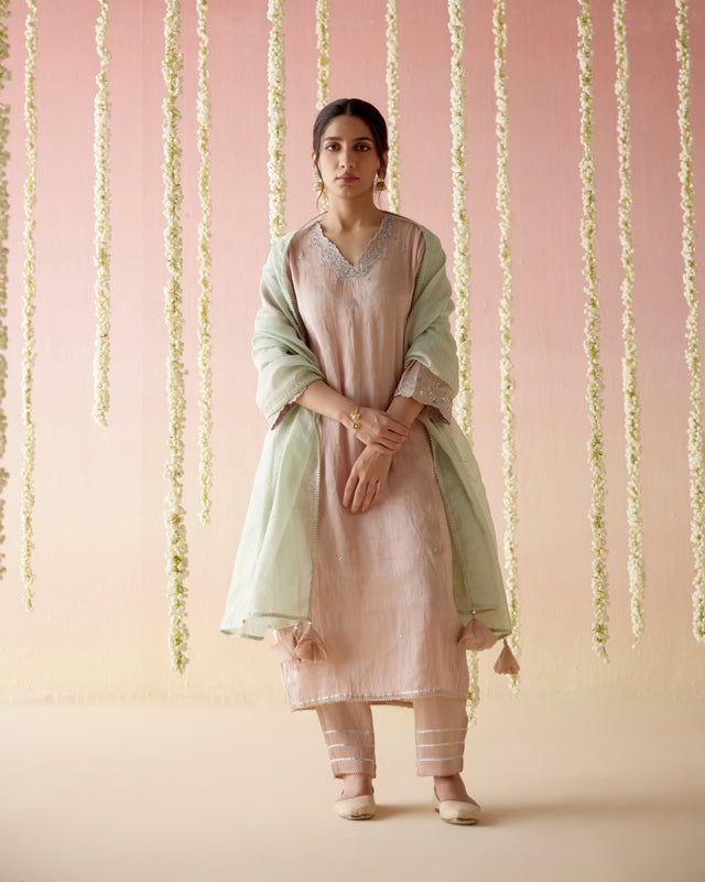 Old Rose Tissue Kurta with 
Narrow Pants & Dupatta - Set of 3