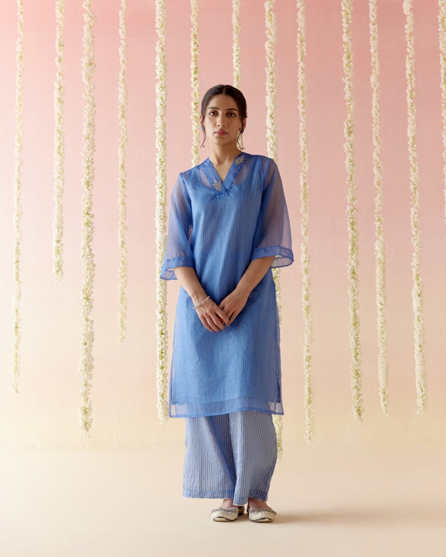Sapphire Blue Kurta with Tissue Slip & Flared Pants - Set of 3