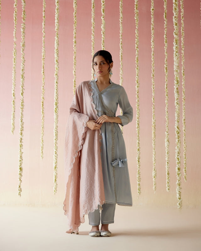 Glory Blue Tissue Angarakha with 
Narrow Pants & Dupatta - Set of 3