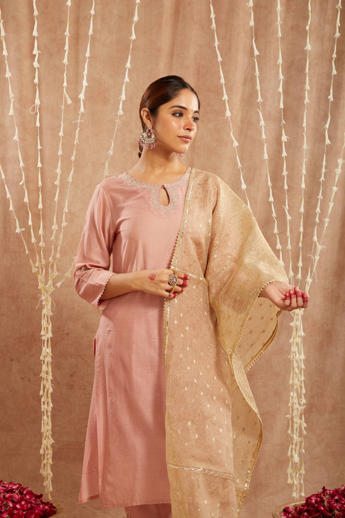 Peach Dori Chanderi Kurta with Narrow Pants