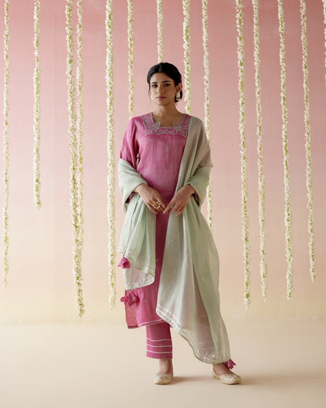 Peony Pink Tissue Kurta with 
Narrow Pants & Dupatta - Set of 3