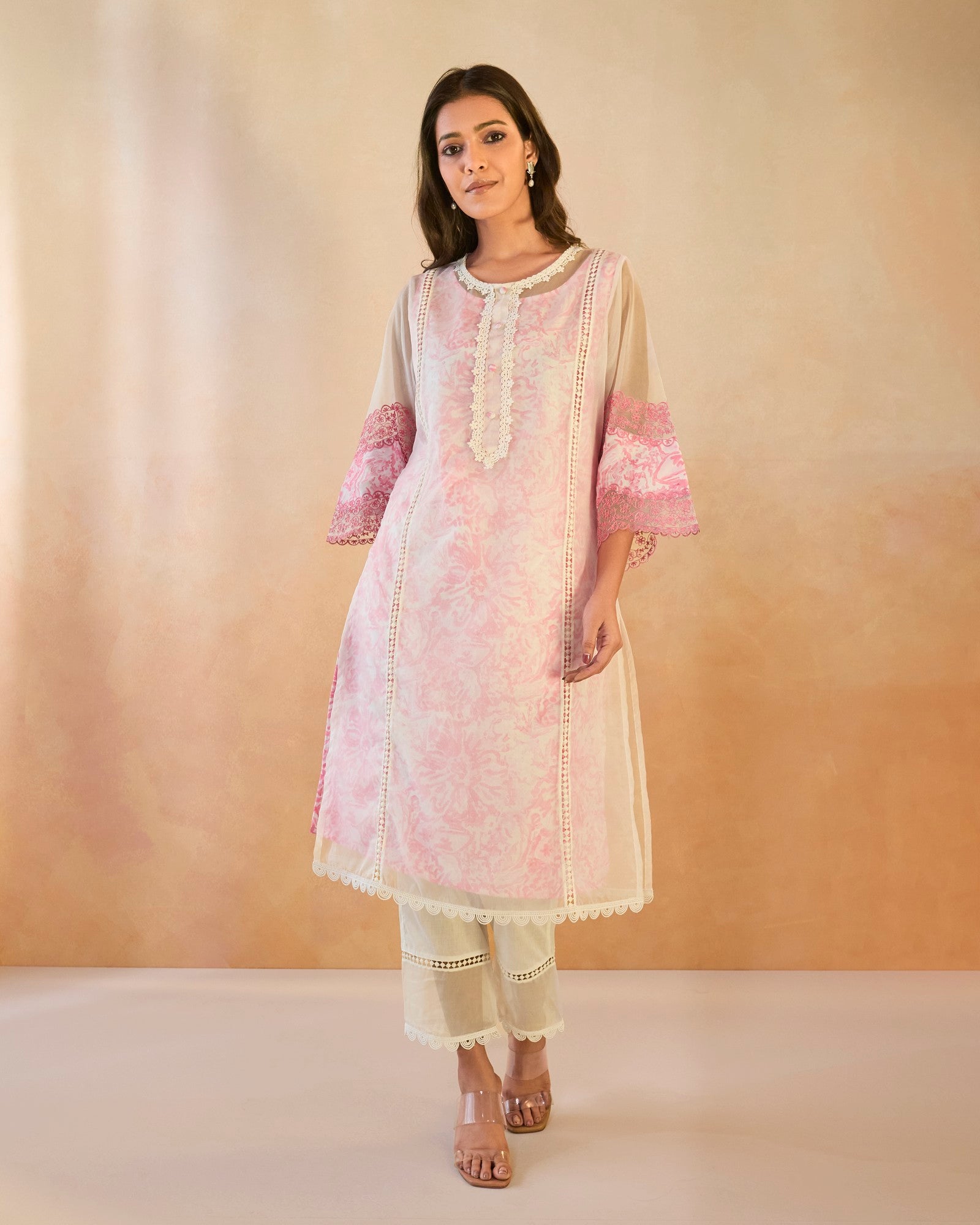 Blush Floral Embroidered Organza Slip Kurta with Narrow Pants