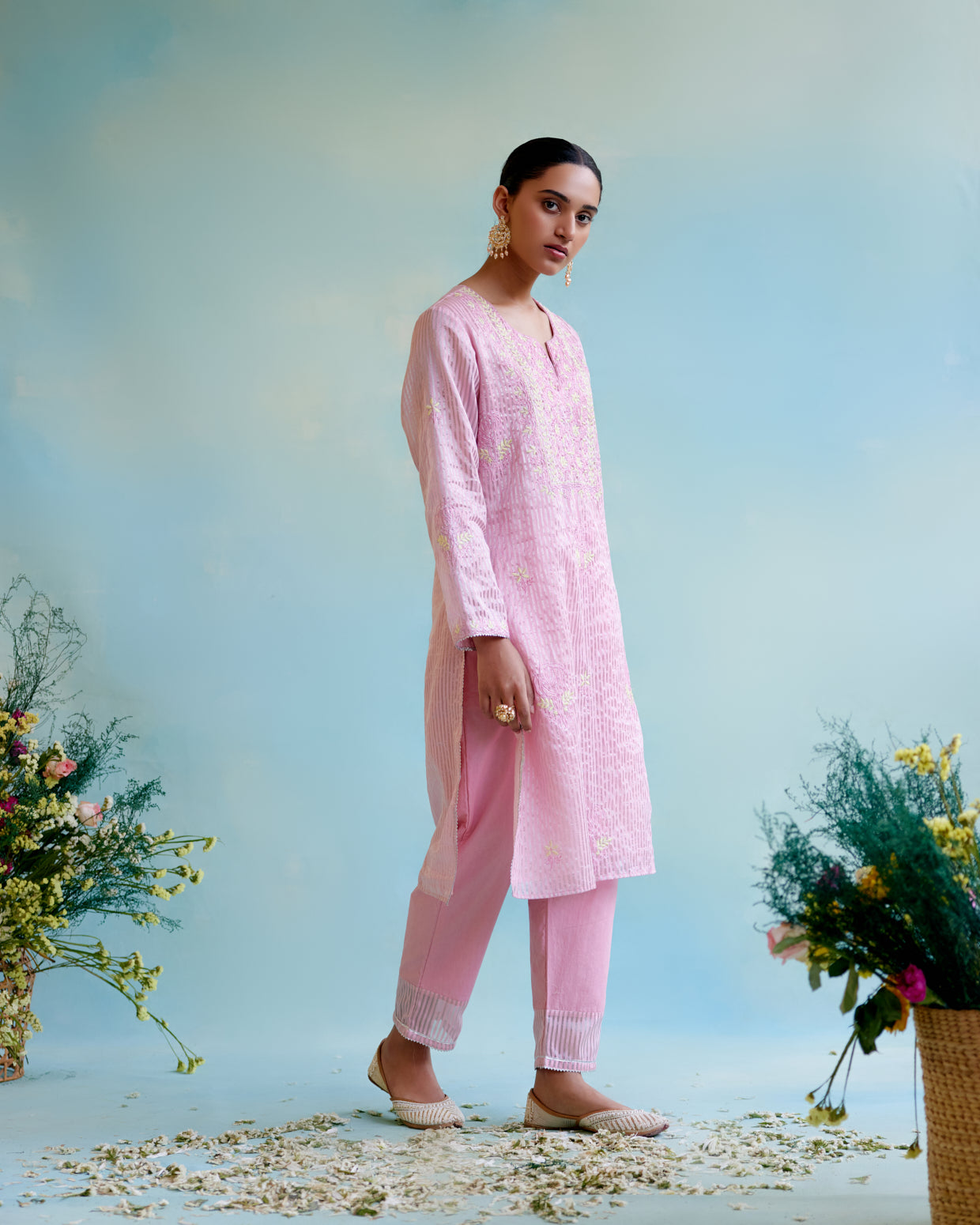 Pink Rose Crushed Stripe Tissue Kurta with Floral Embroidery and Bead Work