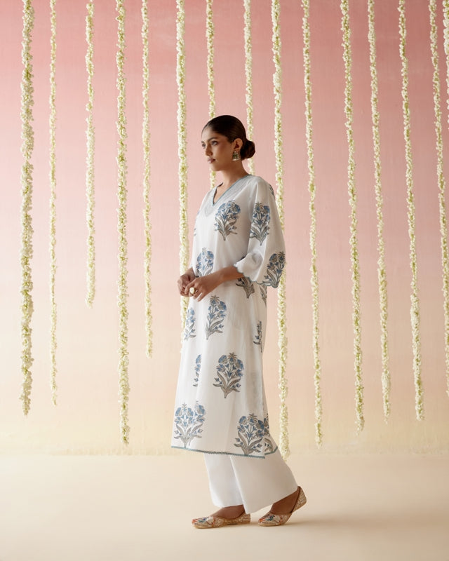 Salvia Blue Floral Buta Kurta with Wide Leg Pants- Set of 2